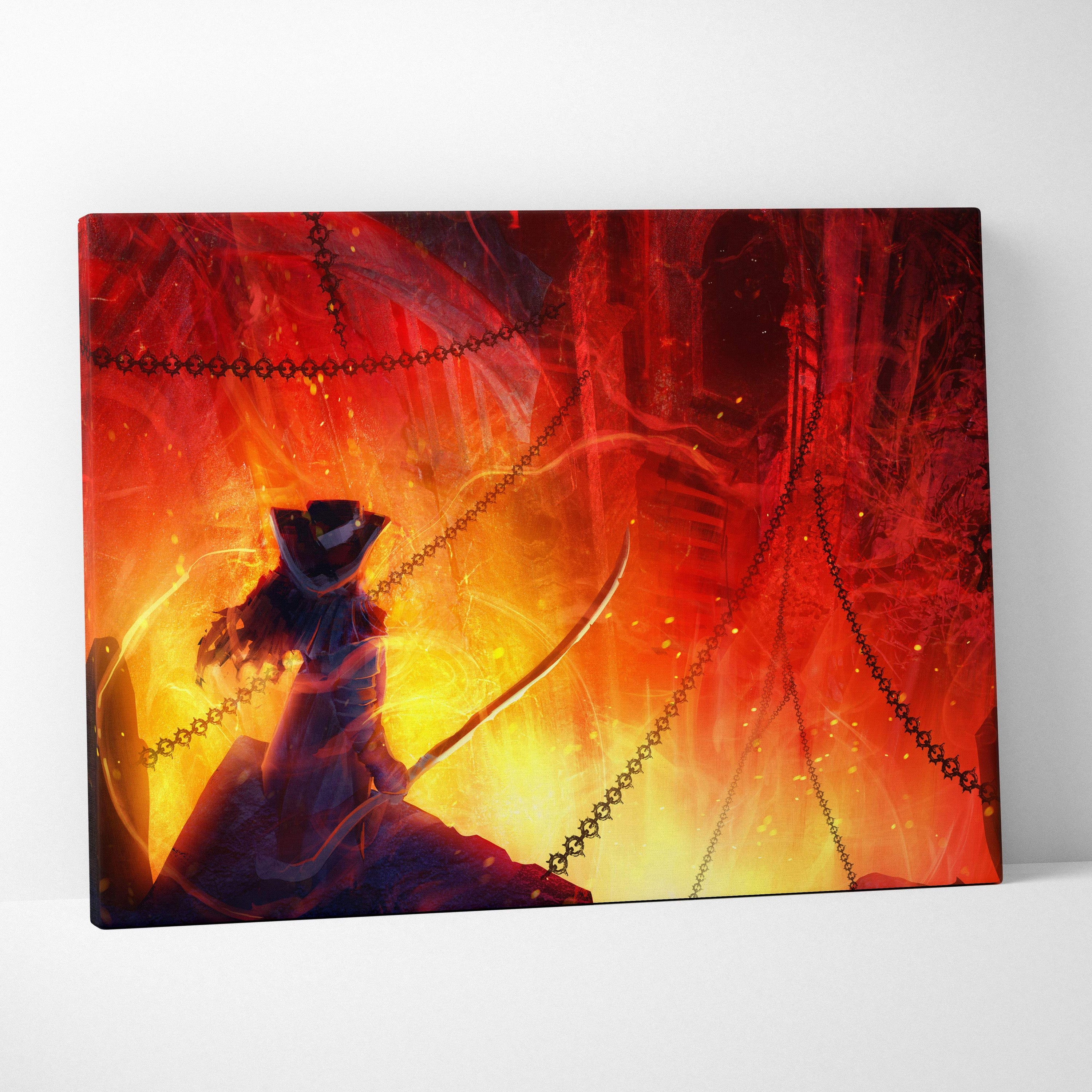 Hellfire archer canvas art featuring dark silhouette anime character in top hat with sword amid fiery red orange chains