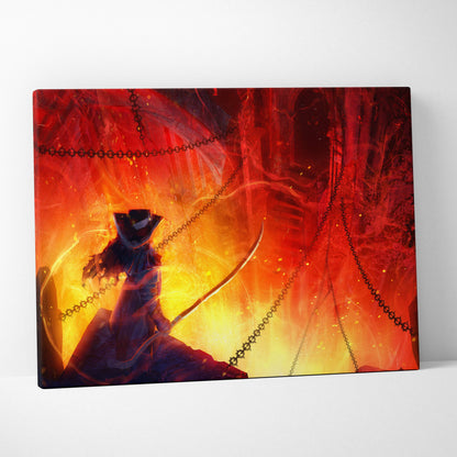 Hellfire archer canvas art featuring dark silhouette anime character in top hat with sword amid fiery red orange chains