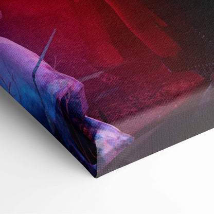Demon hunter vs werewolf canvas art with bold reds purples blues textured brushstrokes in a dark fantasy battle scene