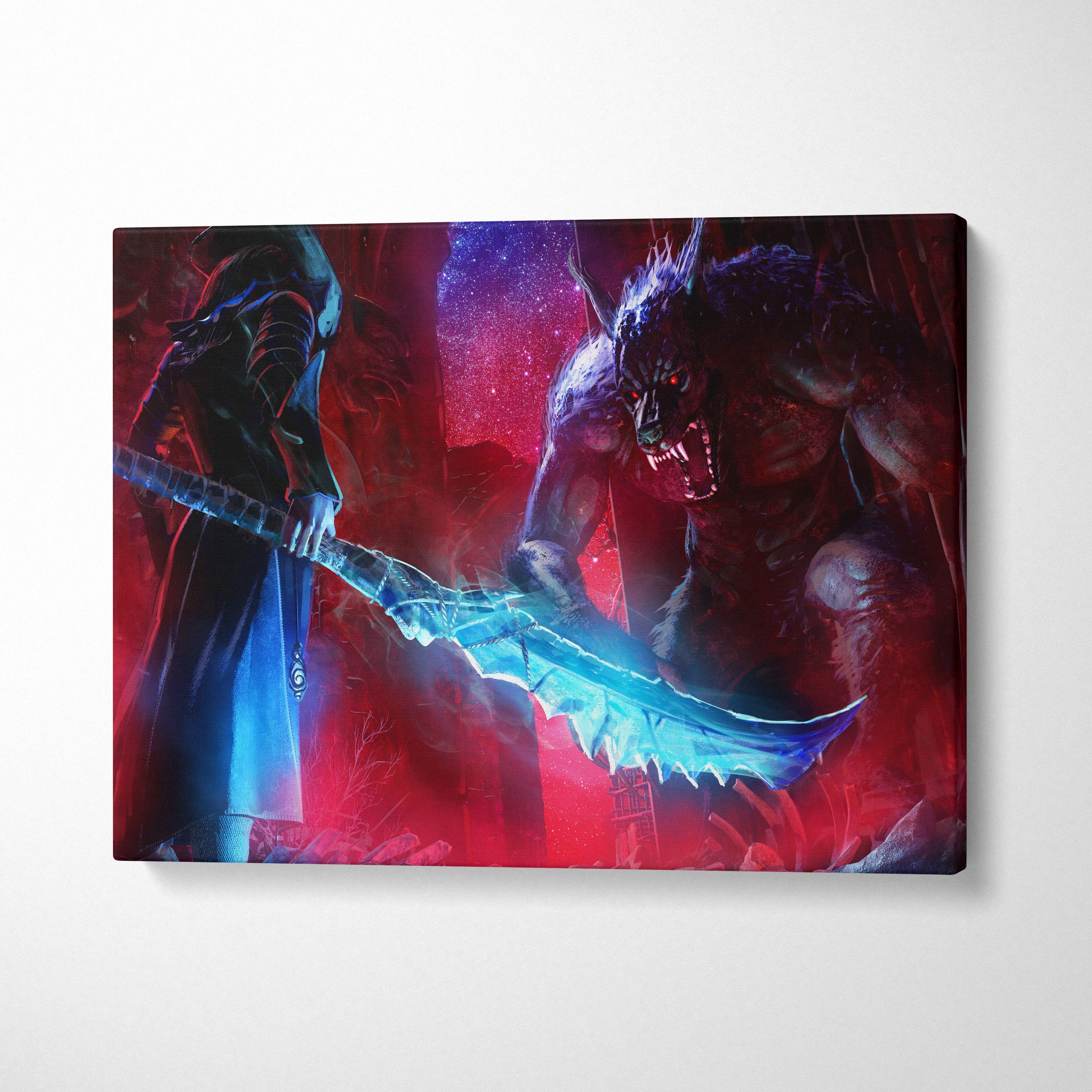 Demon hunter vs werewolf canvas art depicting a warrior in blue robes with a glowing icy sword fighting a menacing werewolf