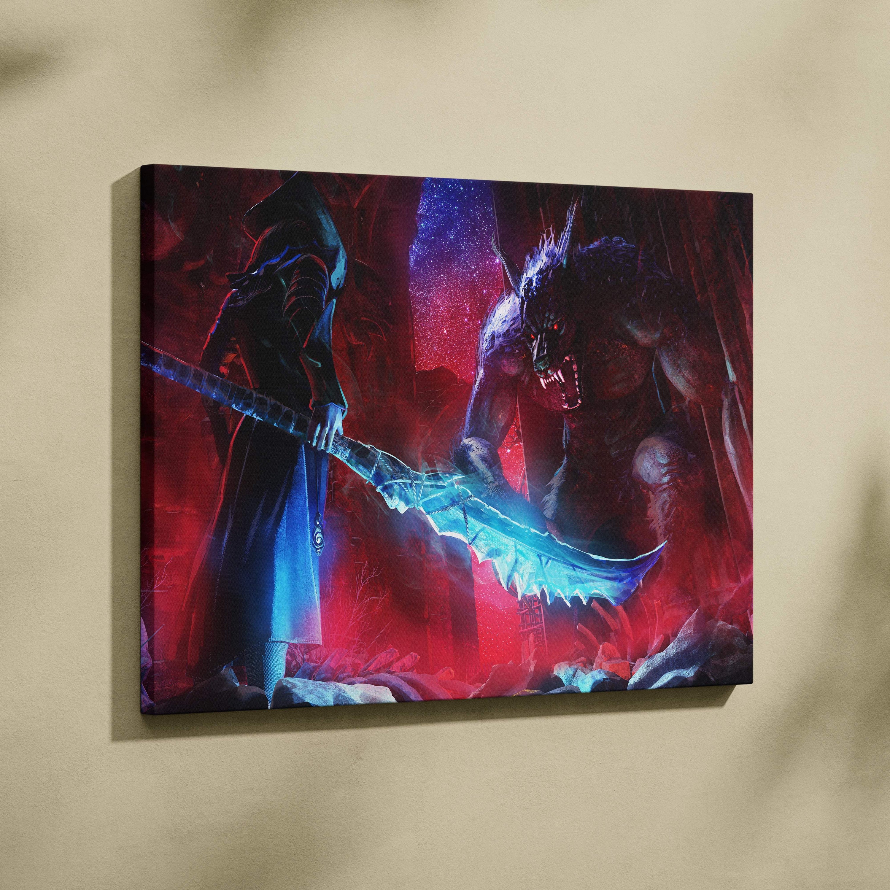 A vibrant fantasy canvas print showing a cloaked figure with a glowing blue sword fighting a red-lit monstrous creature