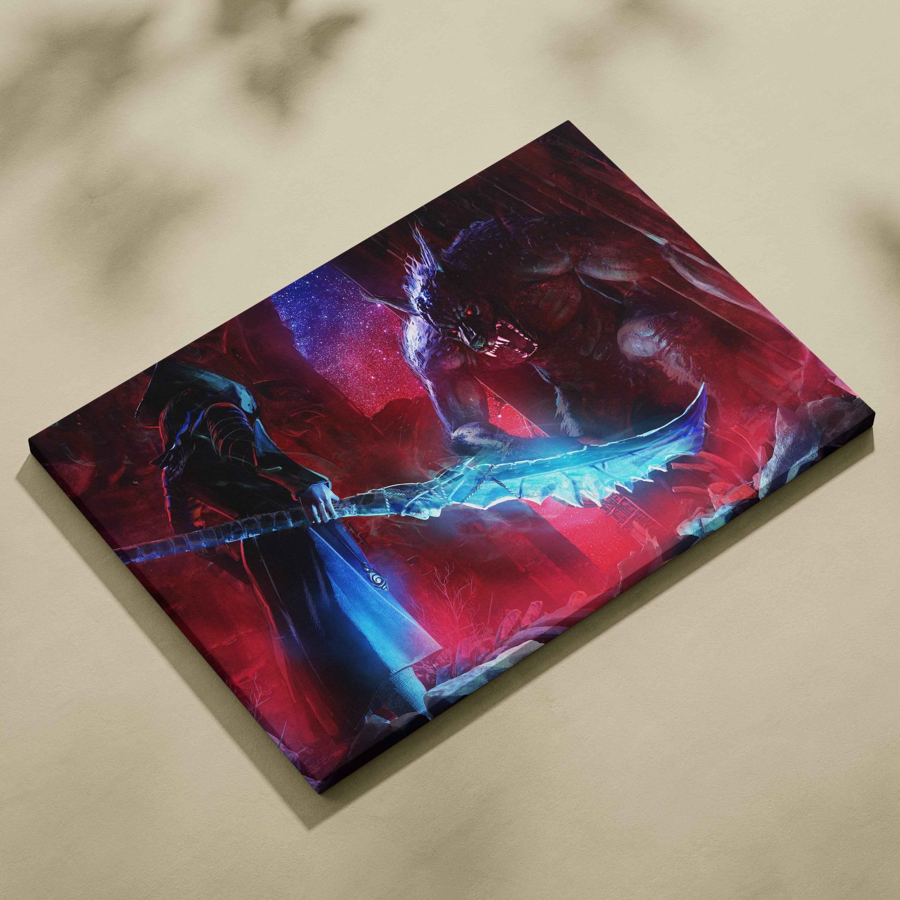 Vibrant rectangular canvas print of demon hunter vs werewolf dark fantasy battle with glowing blue blade and red inferno hues