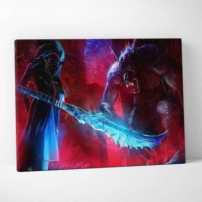 Demon hunter vs werewolf canvas art featuring a dark warrior with blue sword battling beast under red purple sky