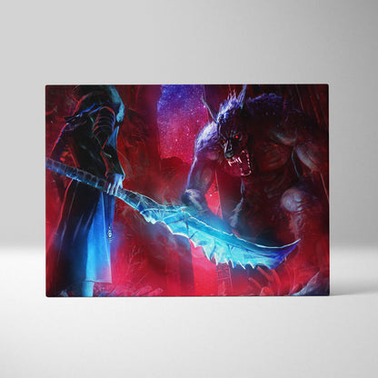 Vibrant dark fantasy canvas art featuring a warrior with glowing blue sword battling a werewolf under a cosmic sky