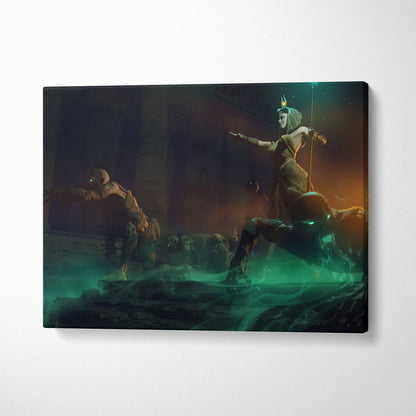 Ancient Egyptian Sorceress Canvas Art – Dark Fantasy Queen Awakening Mummies, Emerald Glow and Golden Temple Light, Cinematic Mythological Digital Painting Wall Decor