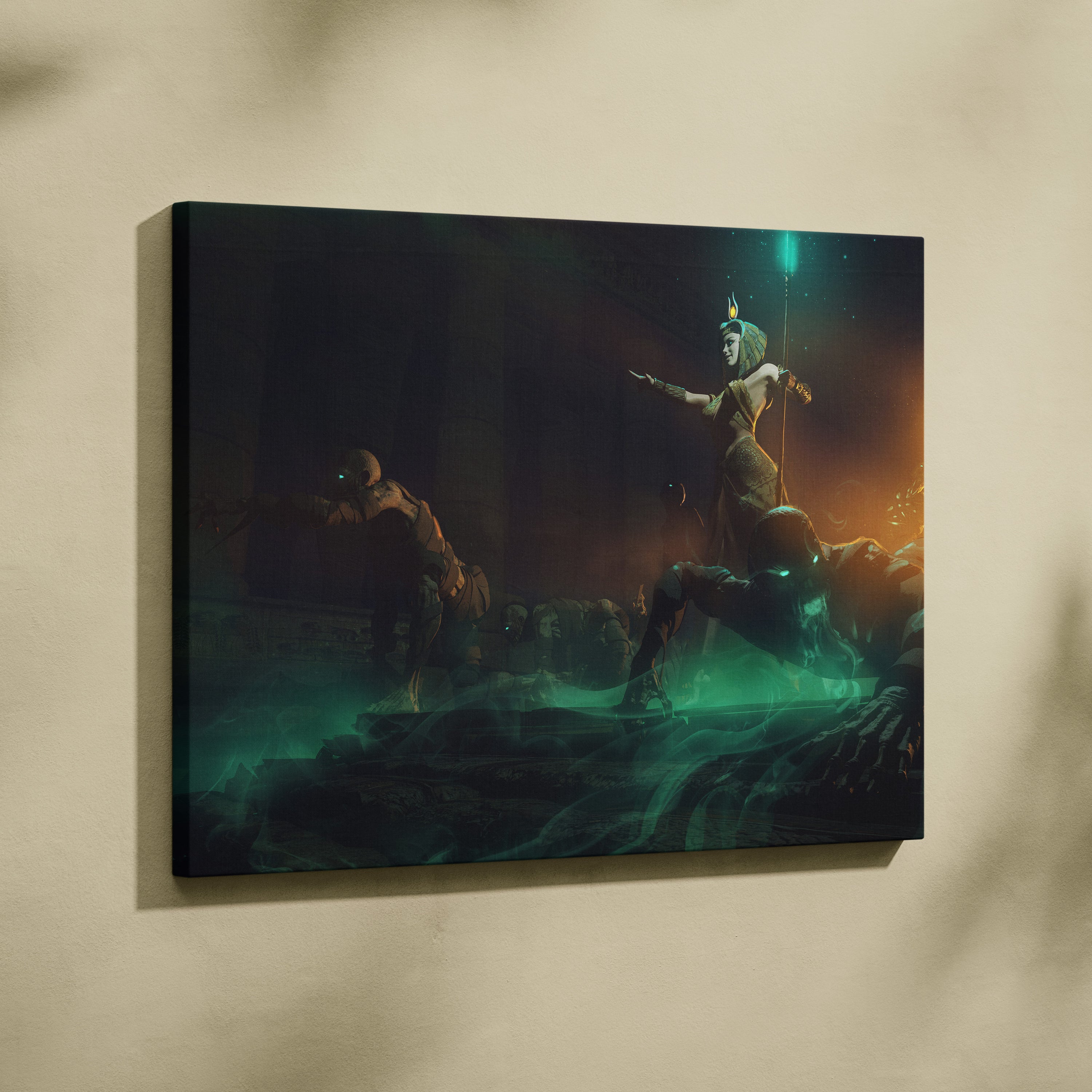 Ancient Egyptian Sorceress Canvas Art – Dark Fantasy Queen Awakening Mummies, Emerald Glow and Golden Temple Light, Cinematic Mythological Digital Painting Wall Decor