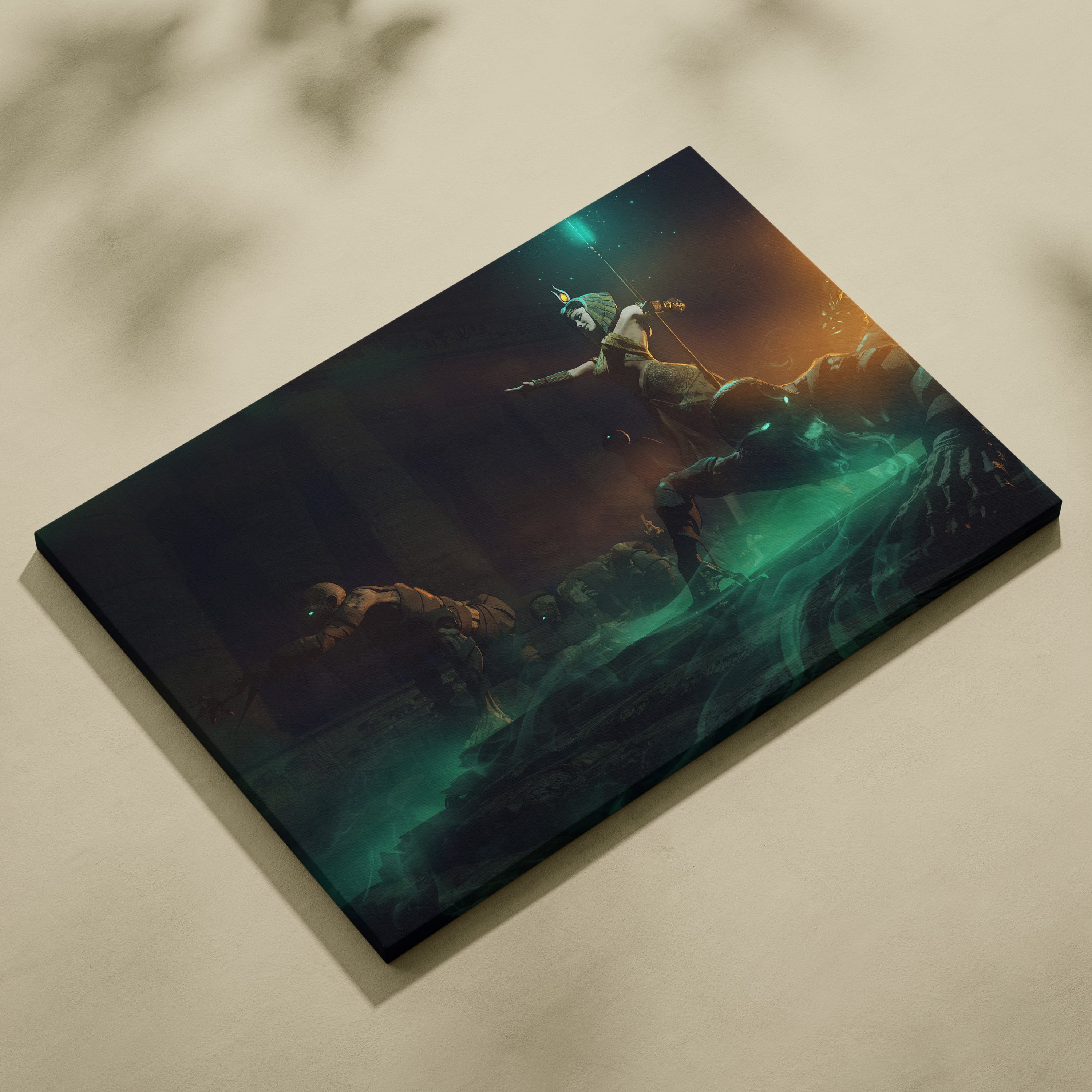 Ancient Egyptian Sorceress Canvas Art – Dark Fantasy Queen Awakening Mummies, Emerald Glow and Golden Temple Light, Cinematic Mythological Digital Painting Wall Decor