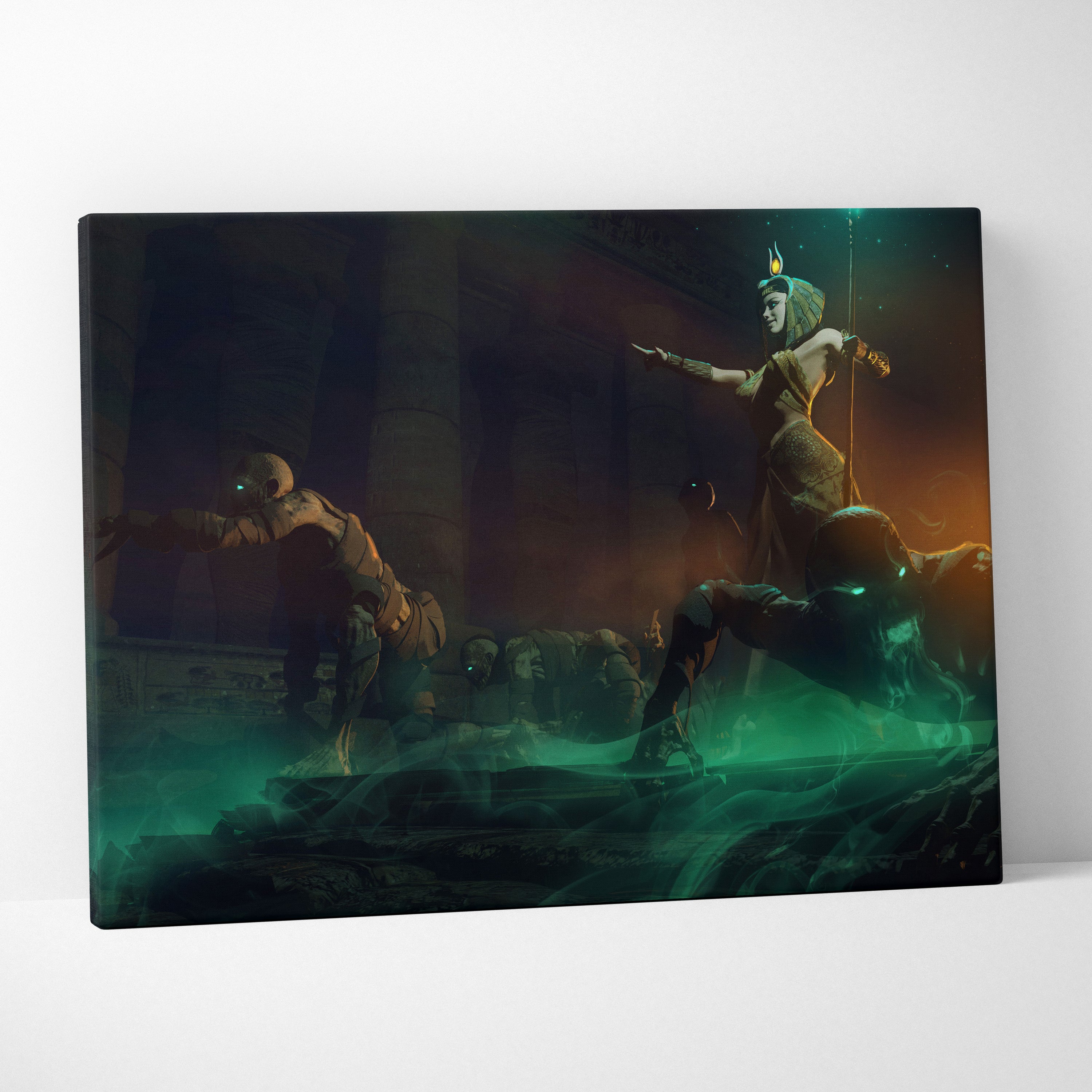 Ancient Egyptian Sorceress Canvas Art – Dark Fantasy Queen Awakening Mummies, Emerald Glow and Golden Temple Light, Cinematic Mythological Digital Painting Wall Decor
