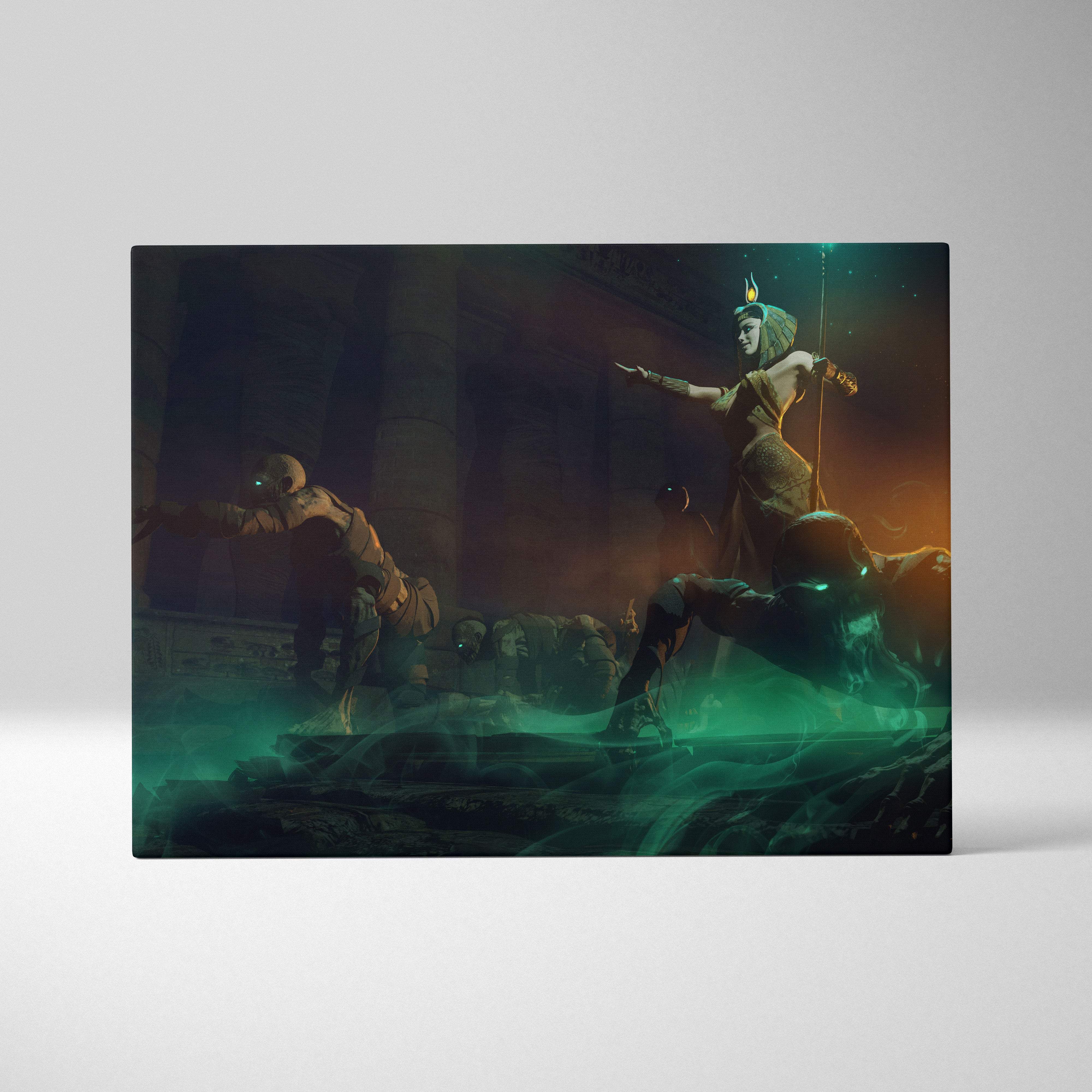 Rectangular canvas print of ancient egyptian sorceress in golden armor by glowing green water confronting armored figures
