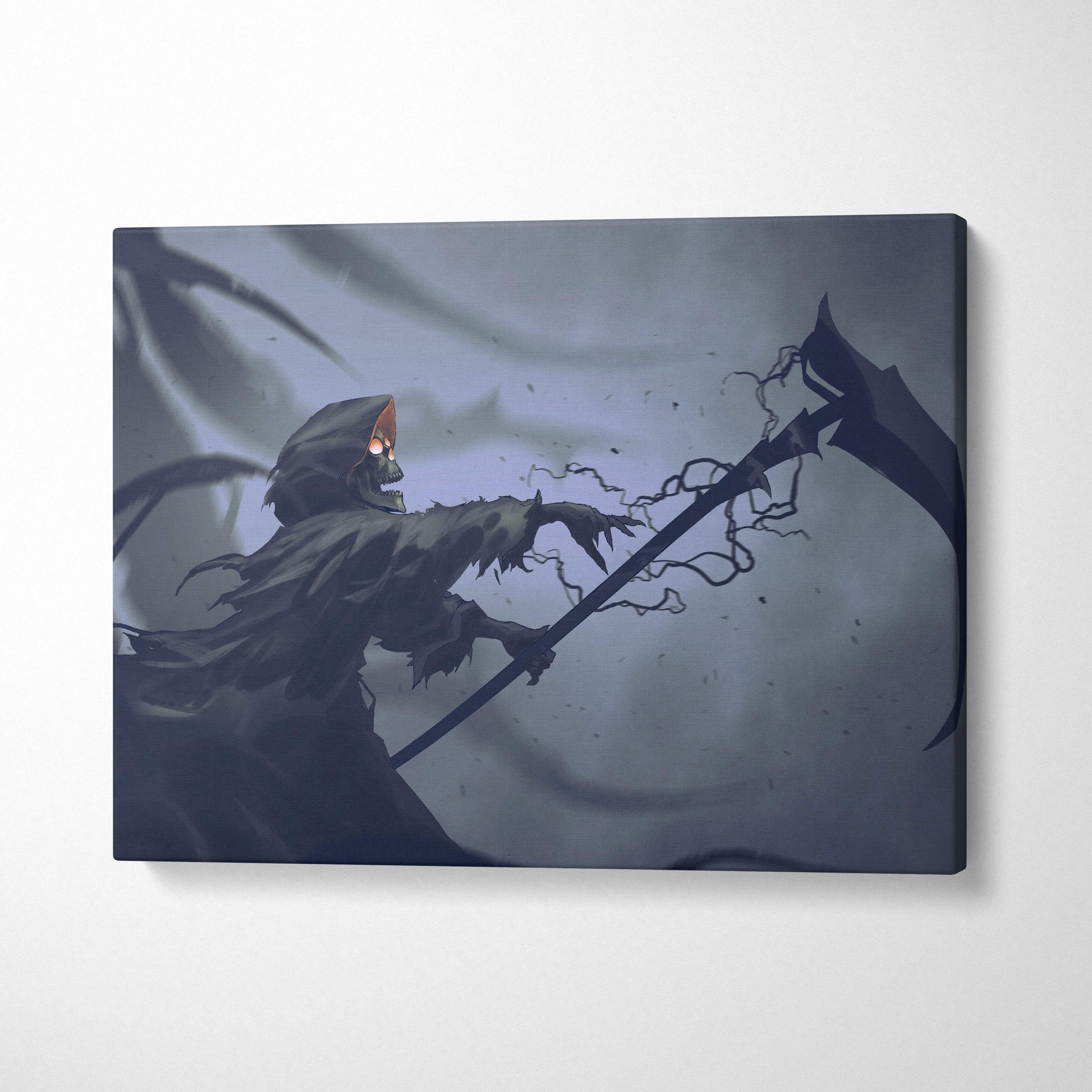Dark gray canvas wall art featuring an anime-style grim reaper with glowing orange eyes and a scythe in a stormy fog background