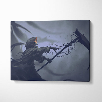 Dark gray canvas wall art featuring an anime-style grim reaper with glowing orange eyes and a scythe in a stormy fog background