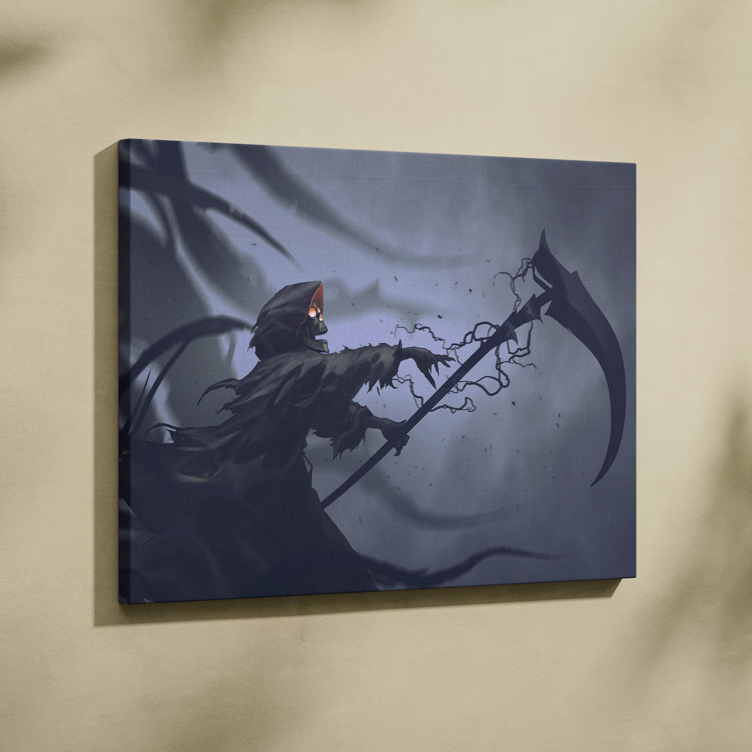 Dark gray canvas wall art featuring an anime-style grim reaper with glowing orange eyes and scythe in a stormy fog background