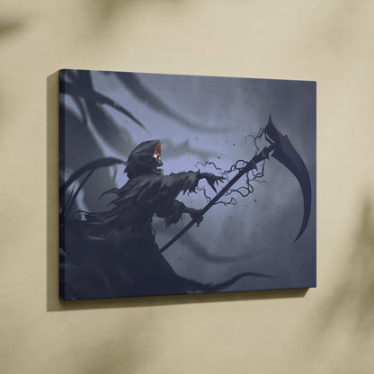 Dark gray canvas wall art featuring an anime-style grim reaper with glowing orange eyes and scythe in a stormy fog background