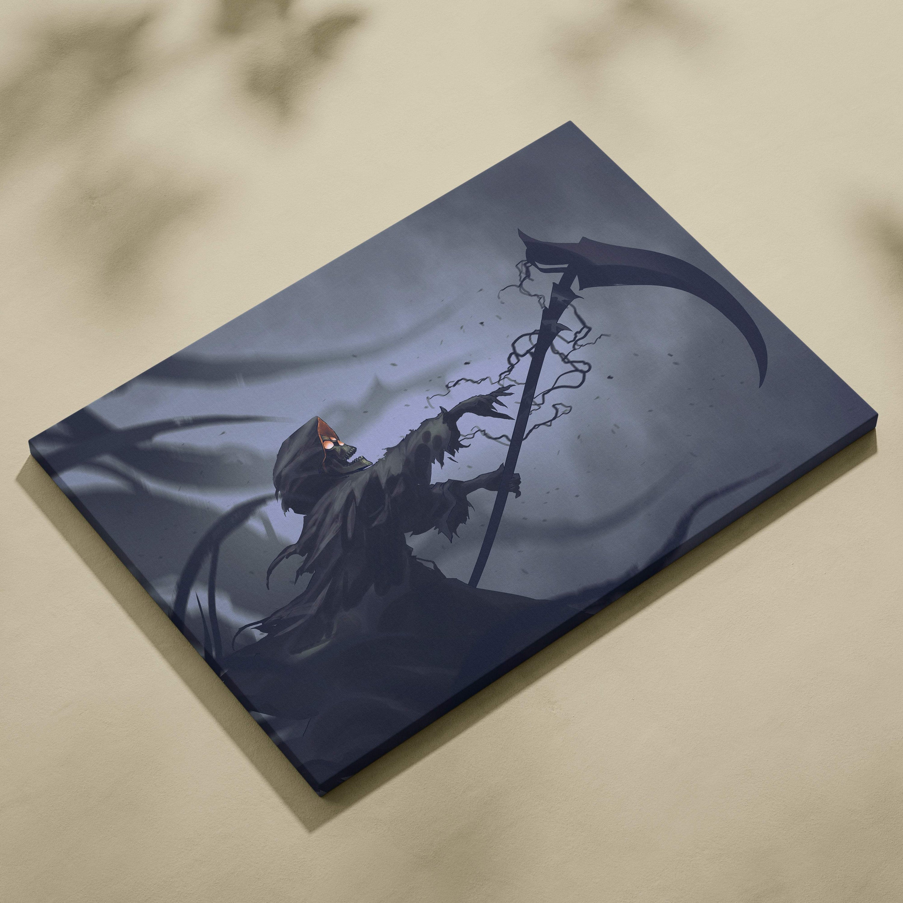 Dark blue canvas wall art featuring an anime-style grim reaper with glowing red eye and lightning on its scythe