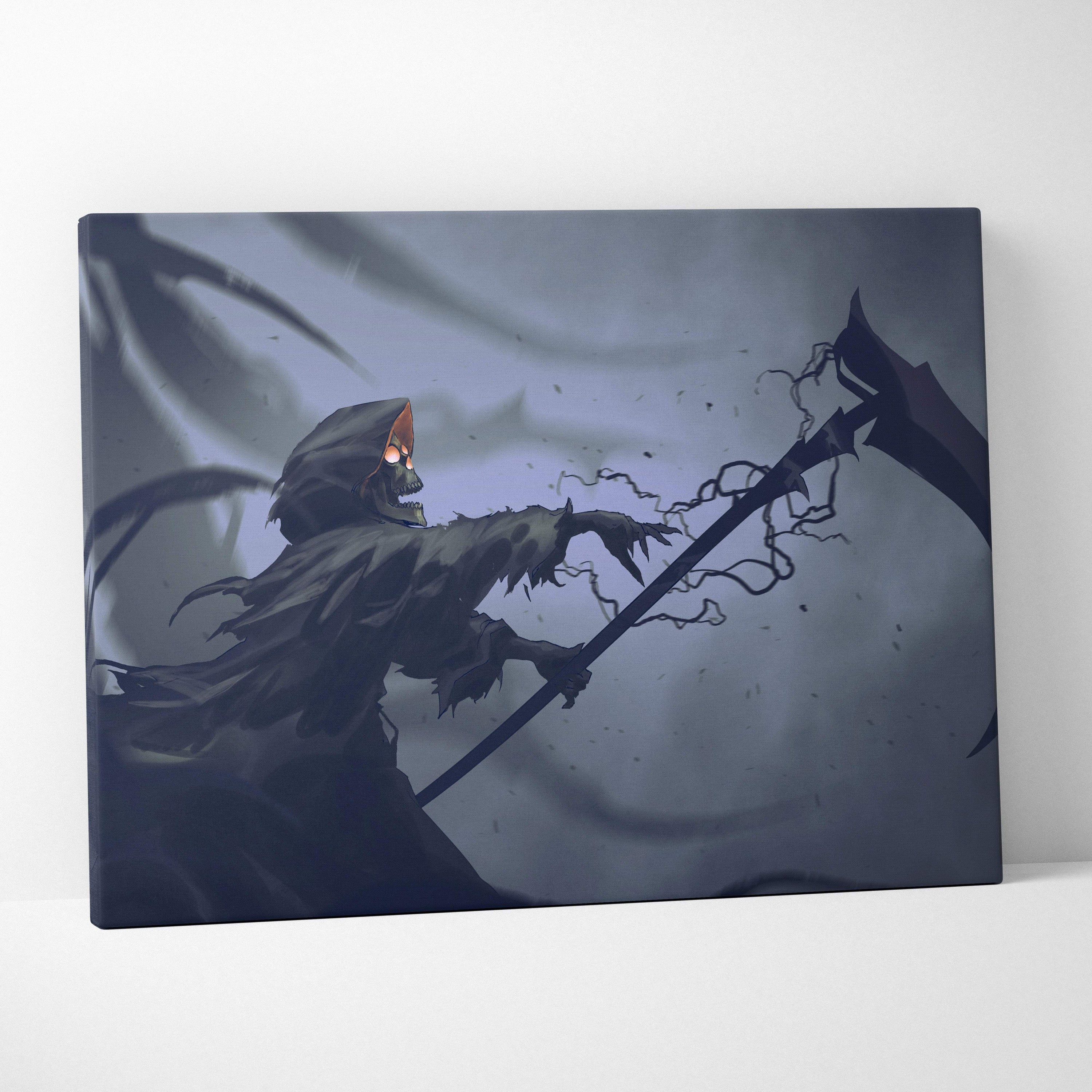 Dark gray canvas wall art featuring an illustrated grim reaper with glowing orange eyes holding a scythe in stormy clouds