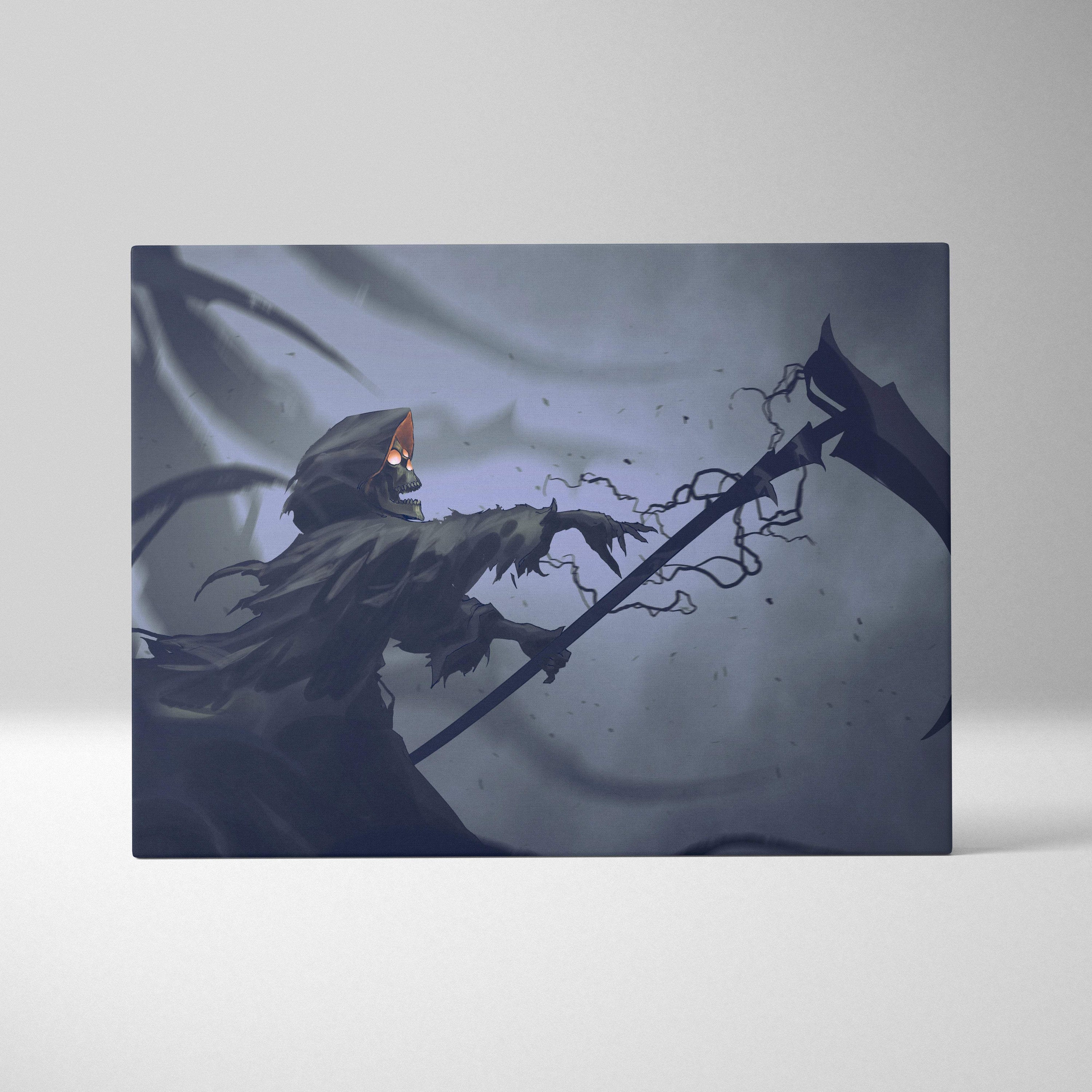 Dark gothic grim reaper canvas wall art with glowing red eyes scythe on stormy gray backdrop for moody decor