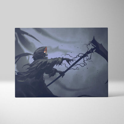 Dark gothic grim reaper canvas wall art with glowing red eyes scythe on stormy gray backdrop for moody decor