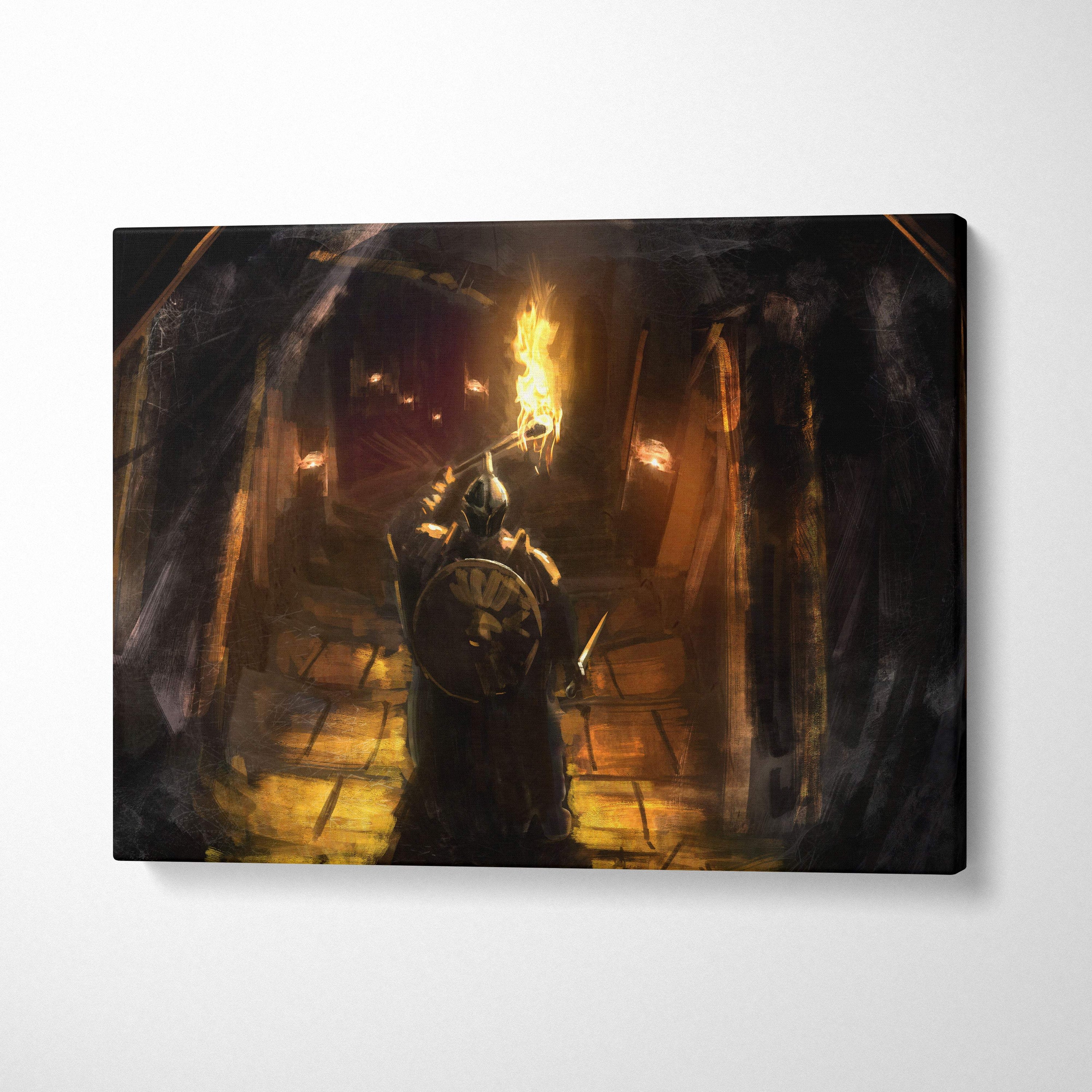 Dark medieval knight torch canvas wall art showing a knight holding a flaming torch in warm golden light under stone arches