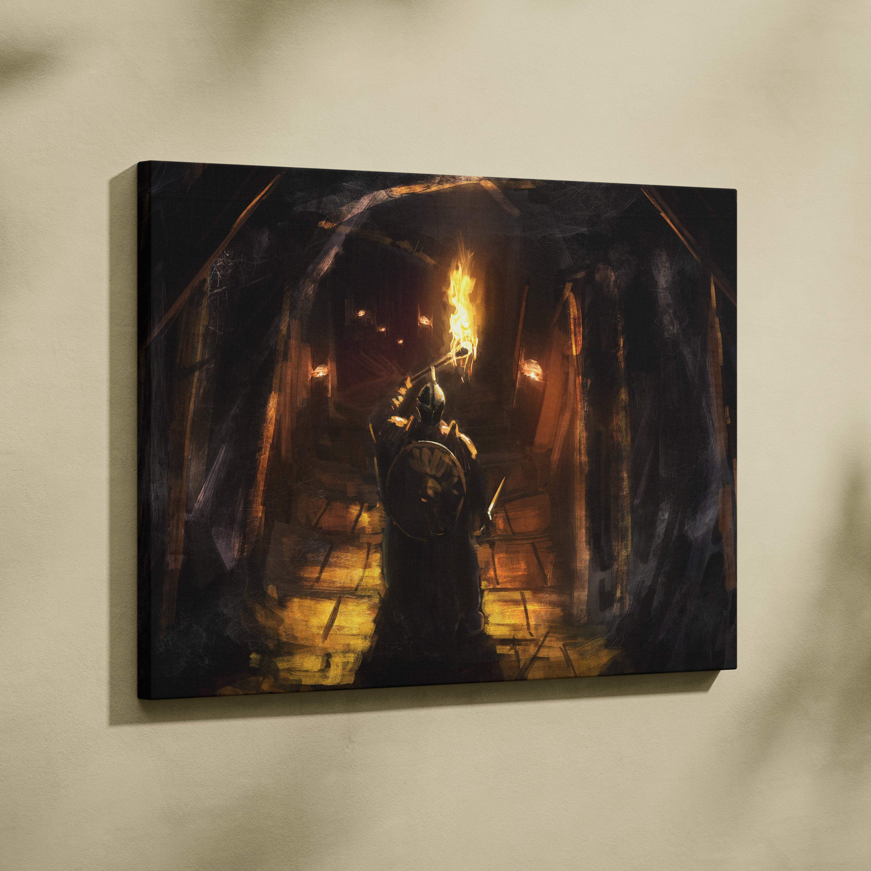 Dark medieval knight torch canvas wall art showing a black gold armored warrior with flaming torch in a stone dungeon tunnel