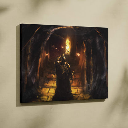 Dark medieval knight torch canvas wall art showing a black gold armored warrior with flaming torch in a stone dungeon tunnel
