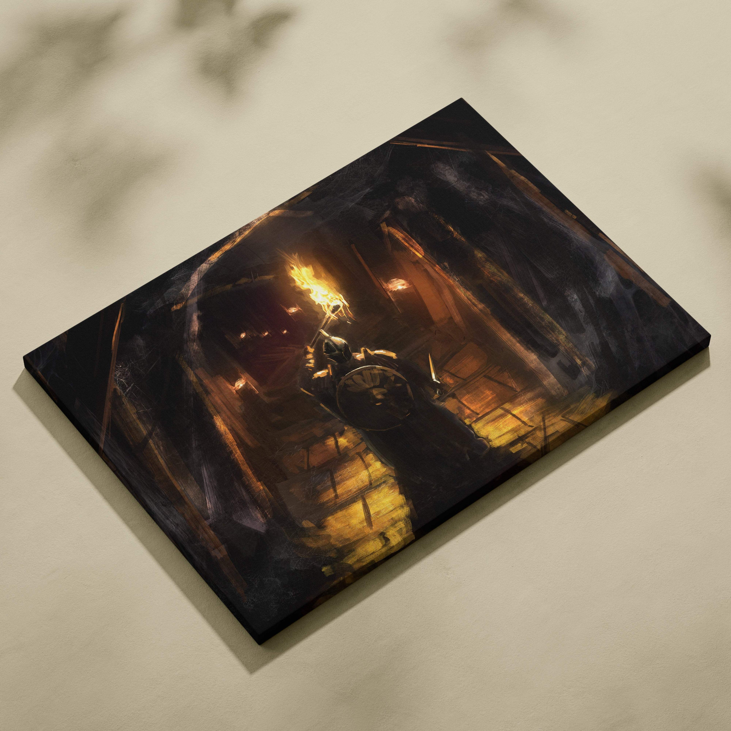 Black canvas print featuring a dark medieval knight with a flaming torch and shield in a moody dungeon scene