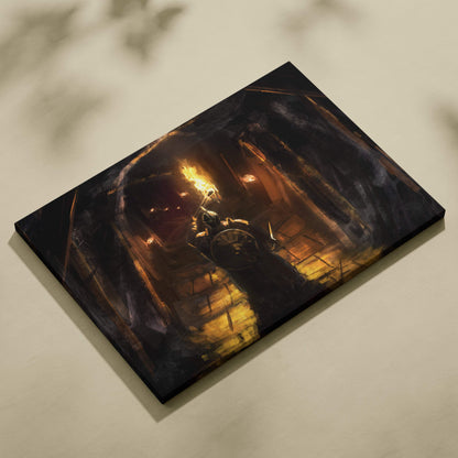 Black canvas print featuring a dark medieval knight with a flaming torch and shield in a moody dungeon scene
