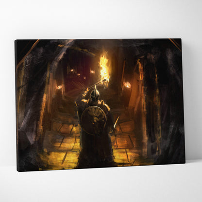 Dark canvas print of a medieval knight holding a flaming torch in a dim stone tunnel with firelight glow