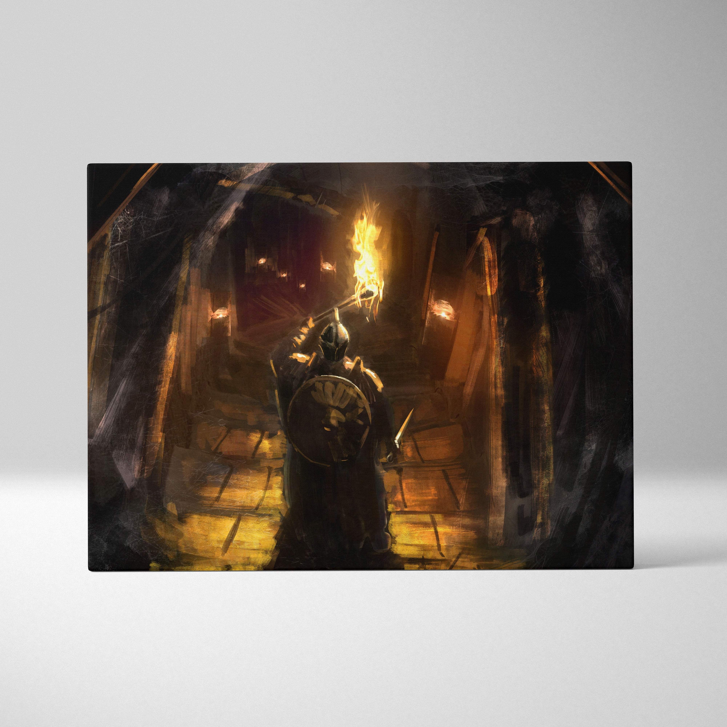 Darkly painted rectangular canvas wall art of a knight in armor holding a torch by an arched stone entrance
