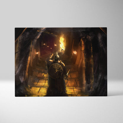 Darkly painted rectangular canvas wall art of a knight in armor holding a torch by an arched stone entrance