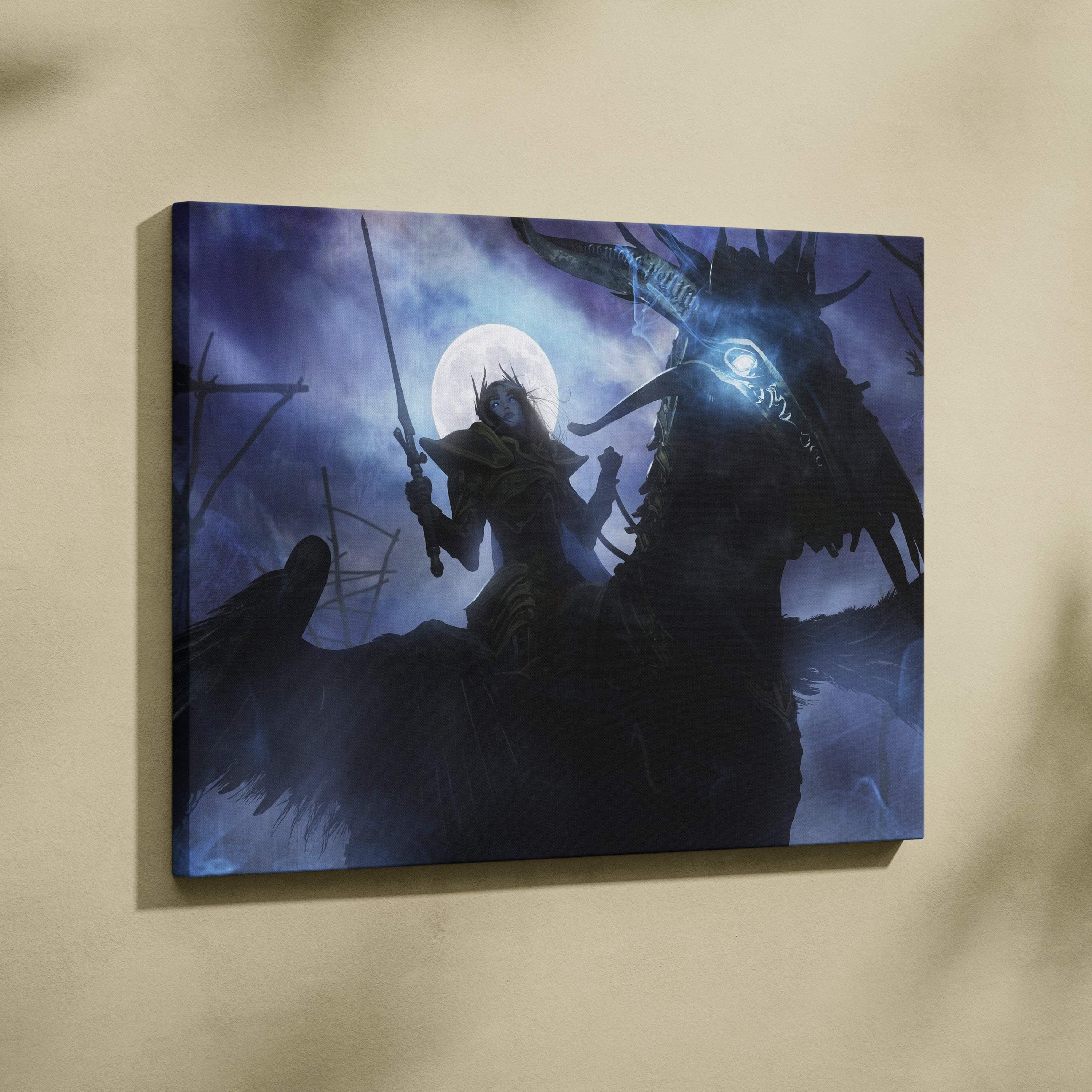 Dark blue and black canvas wall art depicting a moonlit warrior on horseback in a gothic fantasy night scene