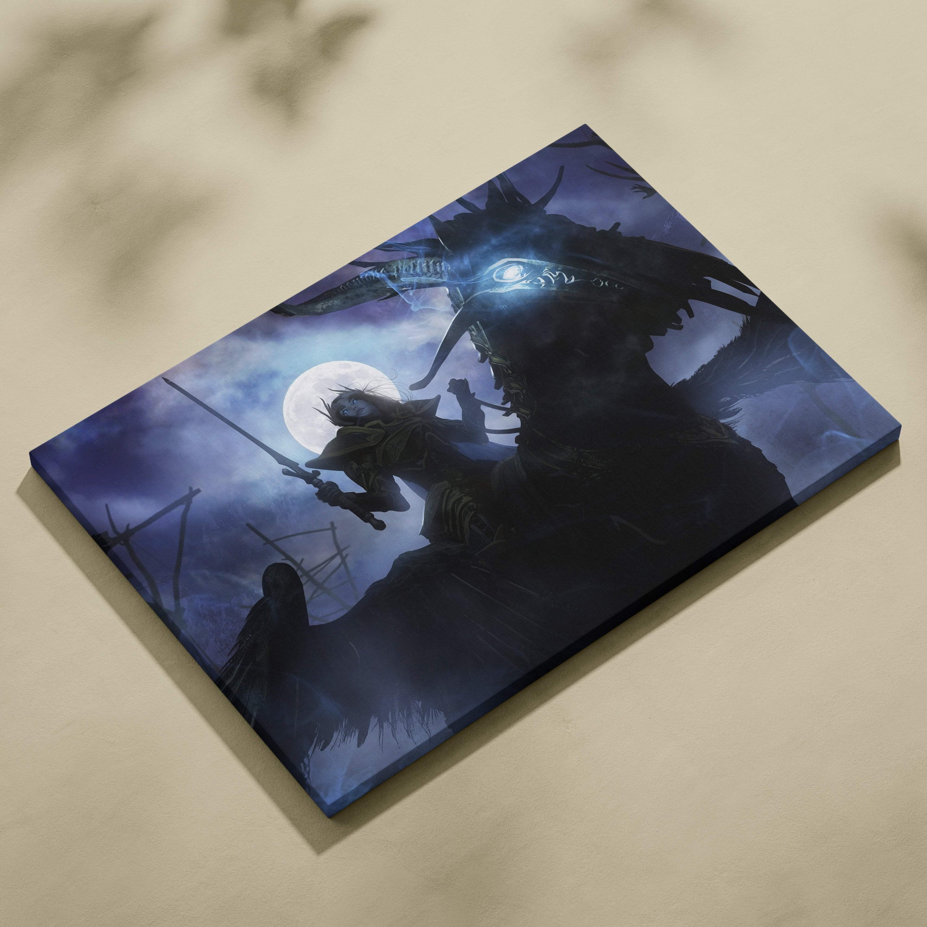 Dark blue canvas wall art featuring a moonlit warrior and dragon fantasy battle scene for modern decor