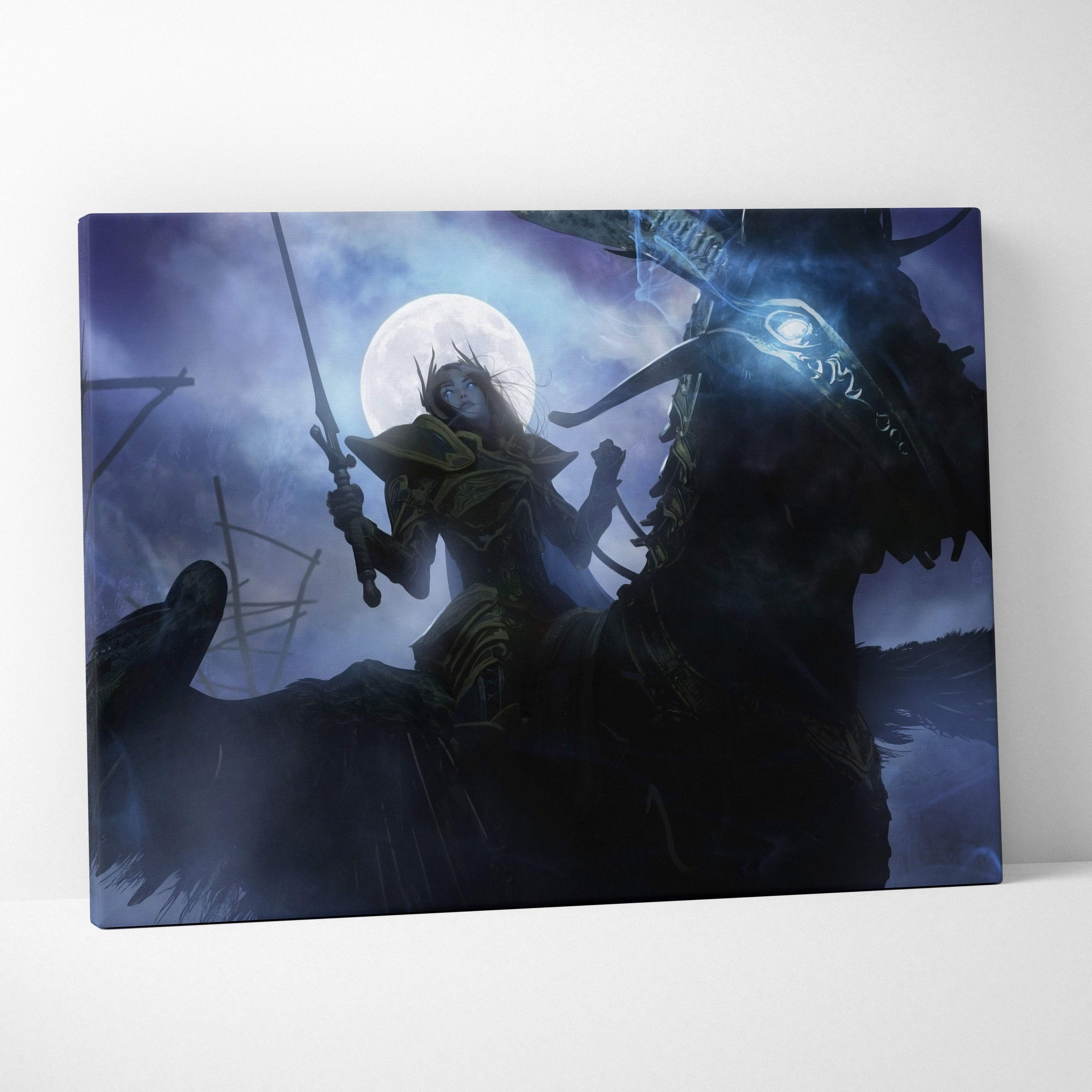 Dark fantasy valkyrie rider canvas wall art features a moonlit warrior in blue black shadowy armor fighting monsters at night