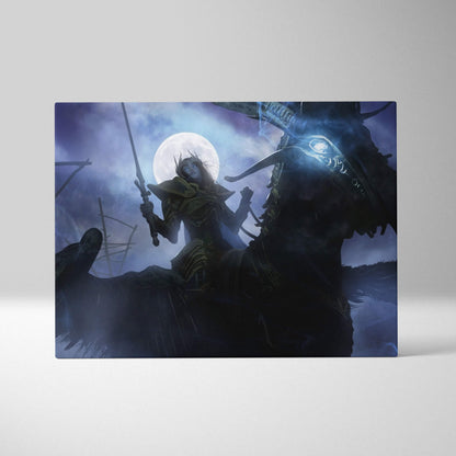 Dark fantasy valkyrie rider canvas wall art featuring a moonlit warrior in shadowy armor on a winged beast against gothic blue black night