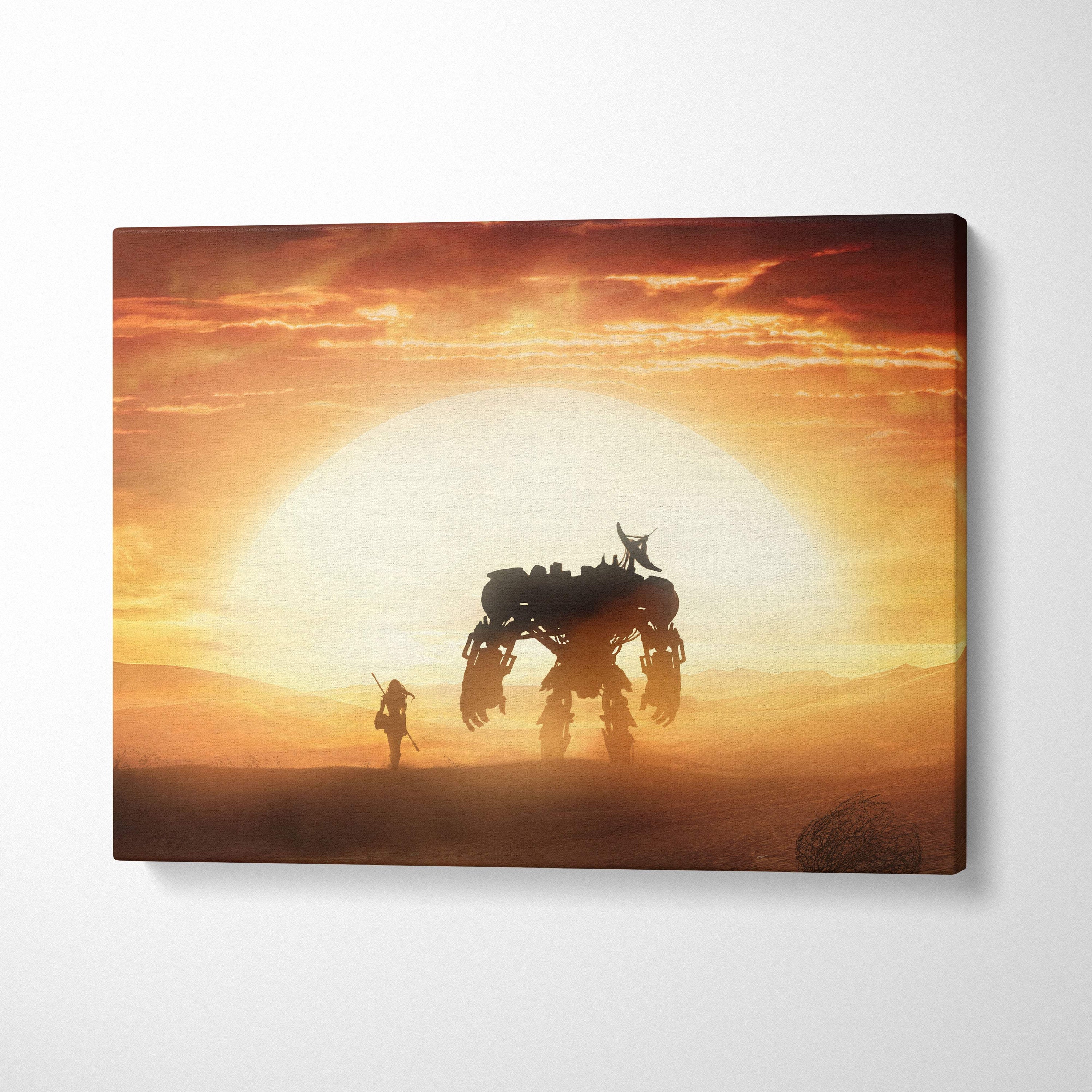 Canvas print of a giant mech silhouette and lone warrior against an orange desert sunset for modern wall decor