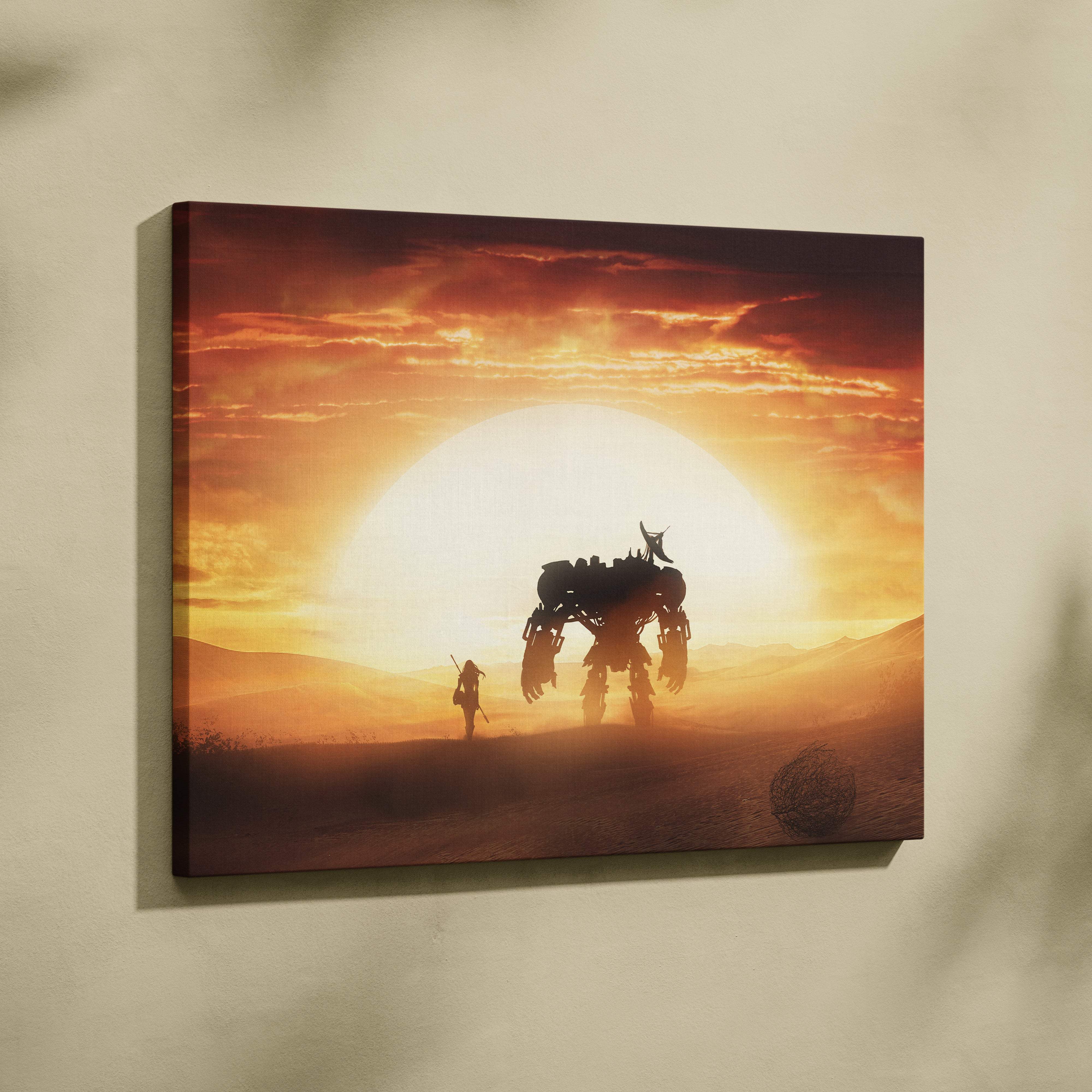 A rectangular canvas print of a dramatic orange and gold sci-fi desert sunset with a giant mech and lone warrior silhouette