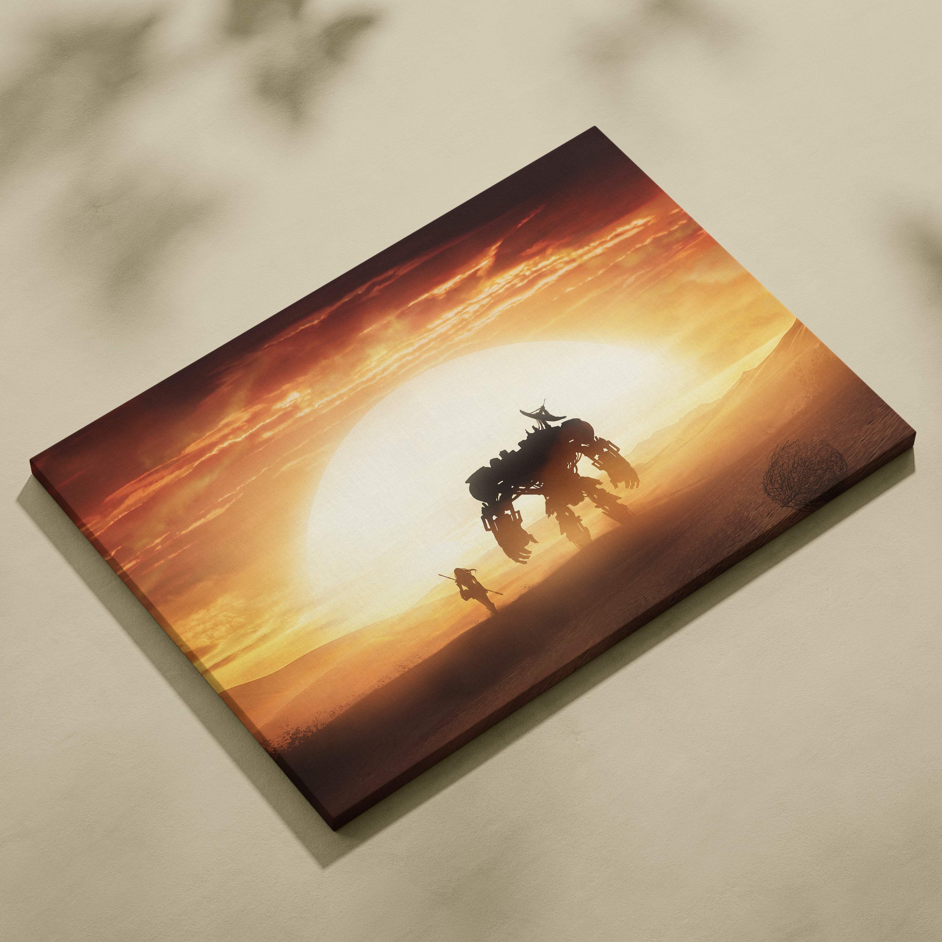 Rectangular canvas print of a dramatic epic sci-fi desert sunset with giant mech and lone warrior silhouettes in golden orange hues