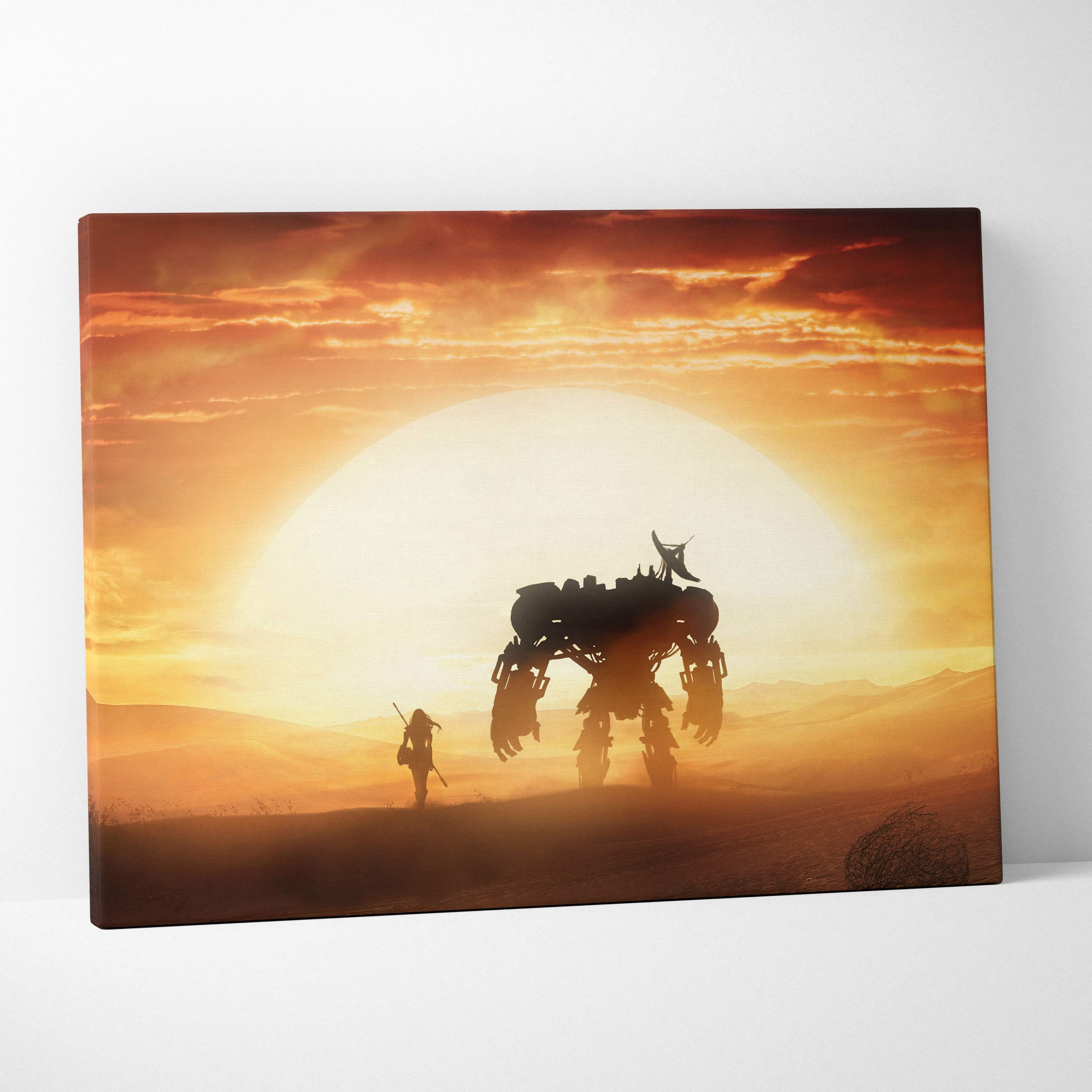 Orange sunset canvas wall art featuring a giant mech silhouette and lone warrior against a glowing sun horizon