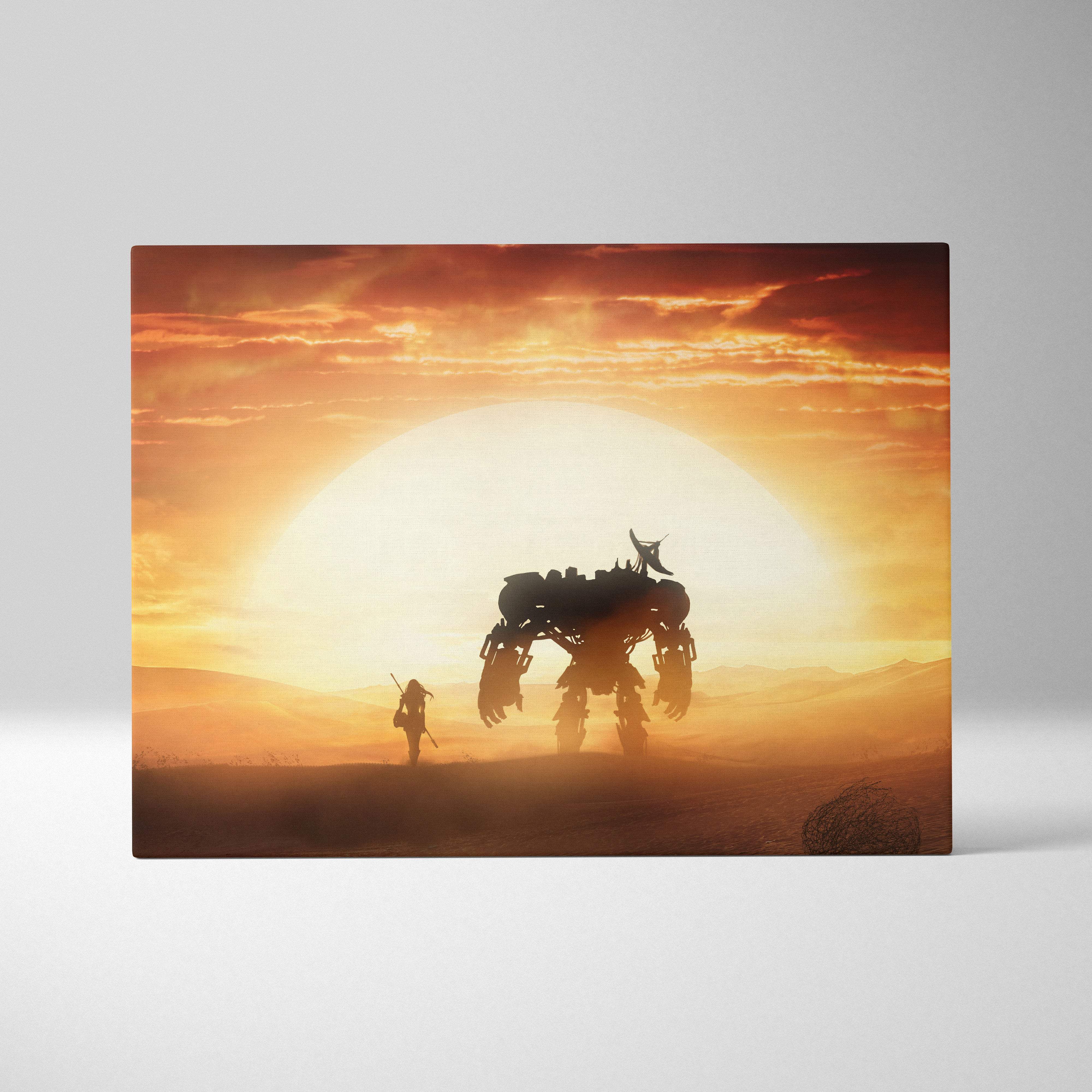 Orange sunset canvas wall art featuring a giant mech silhouette and lone warrior against a glowing sun horizon