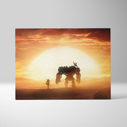 Orange sunset canvas wall art featuring a giant mech silhouette and lone warrior against a glowing sun horizon