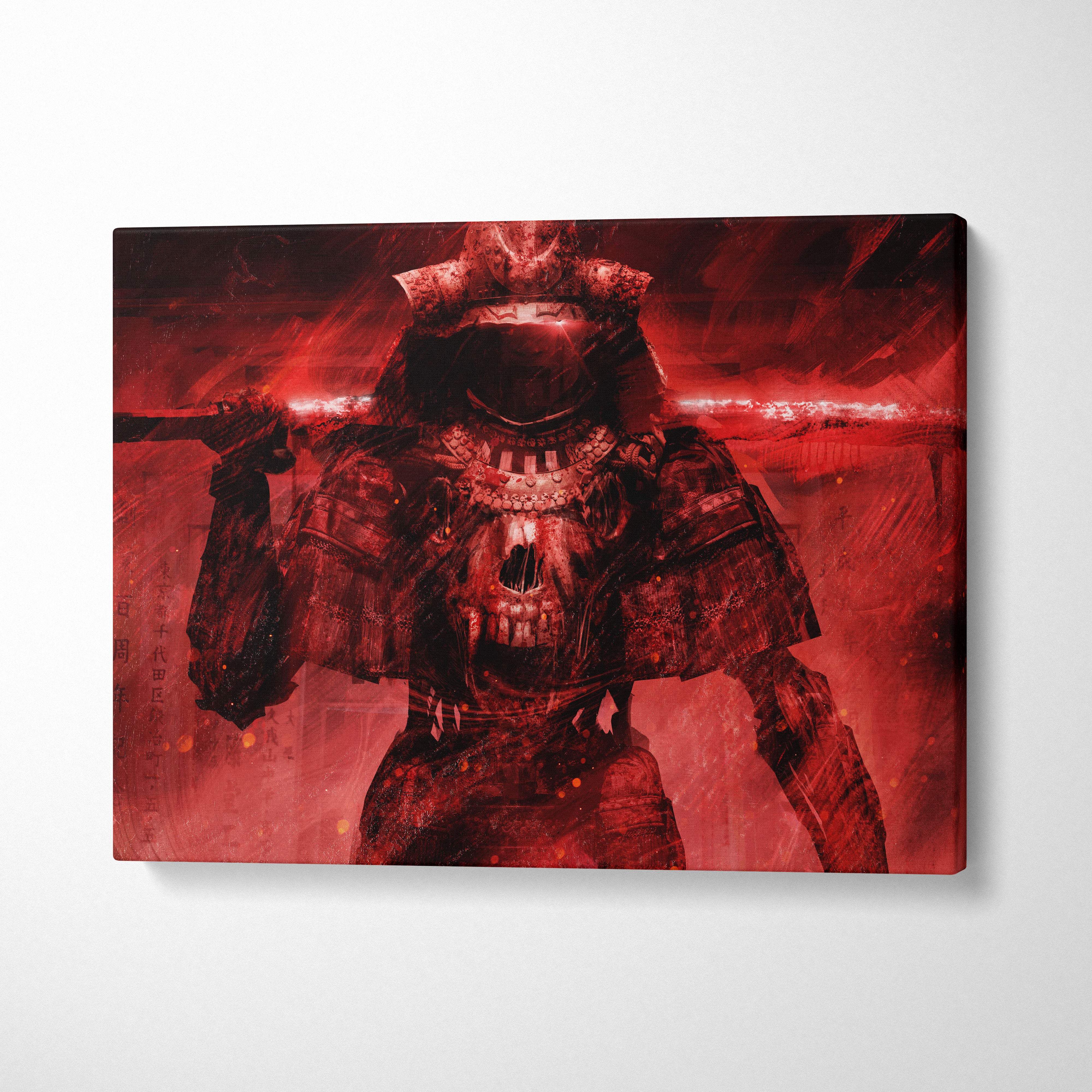 Red samurai skull warrior canvas wall art featuring a skeletal samurai in red-toned armor holding a glowing katana