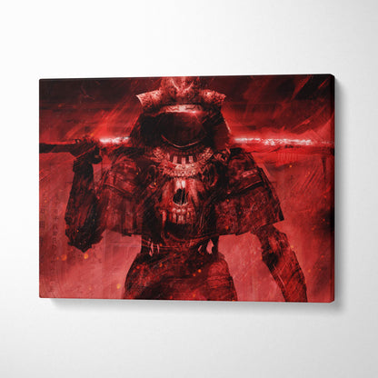 Red samurai skull warrior canvas wall art featuring a skeletal samurai in red-toned armor holding a glowing katana