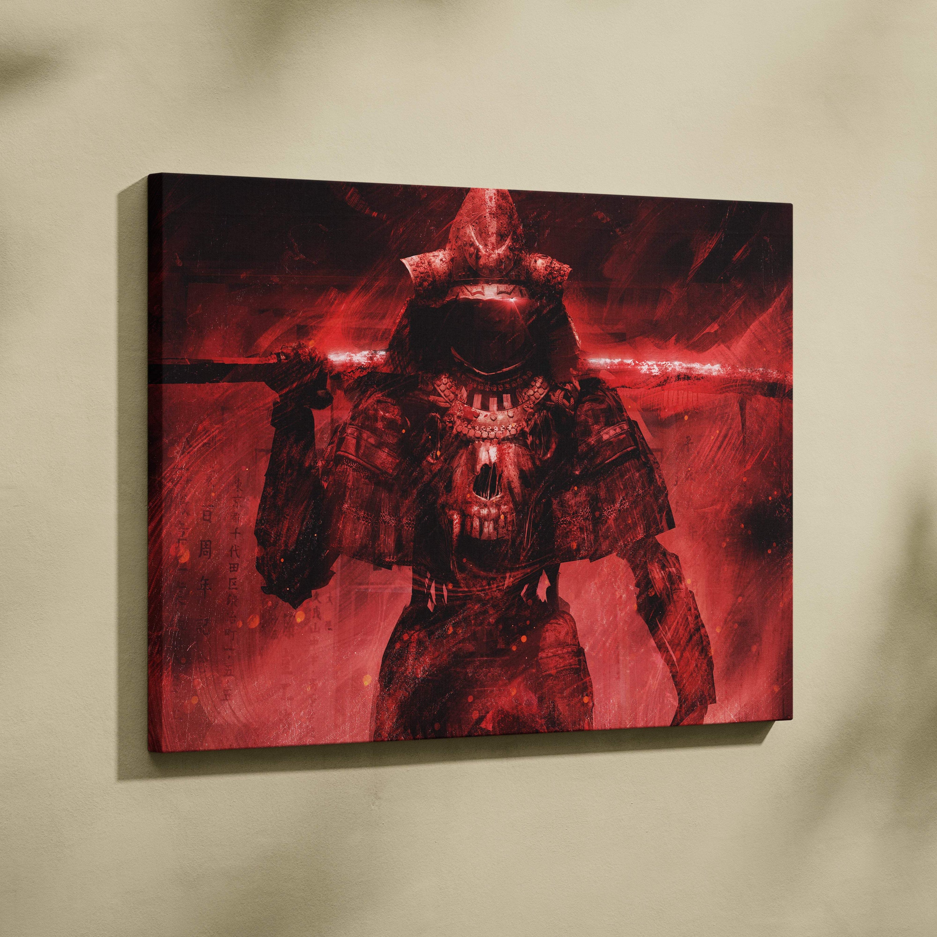 Red samurai skull warrior canvas wall art featuring a glowing sword and ornate armor on a fiery blood red background