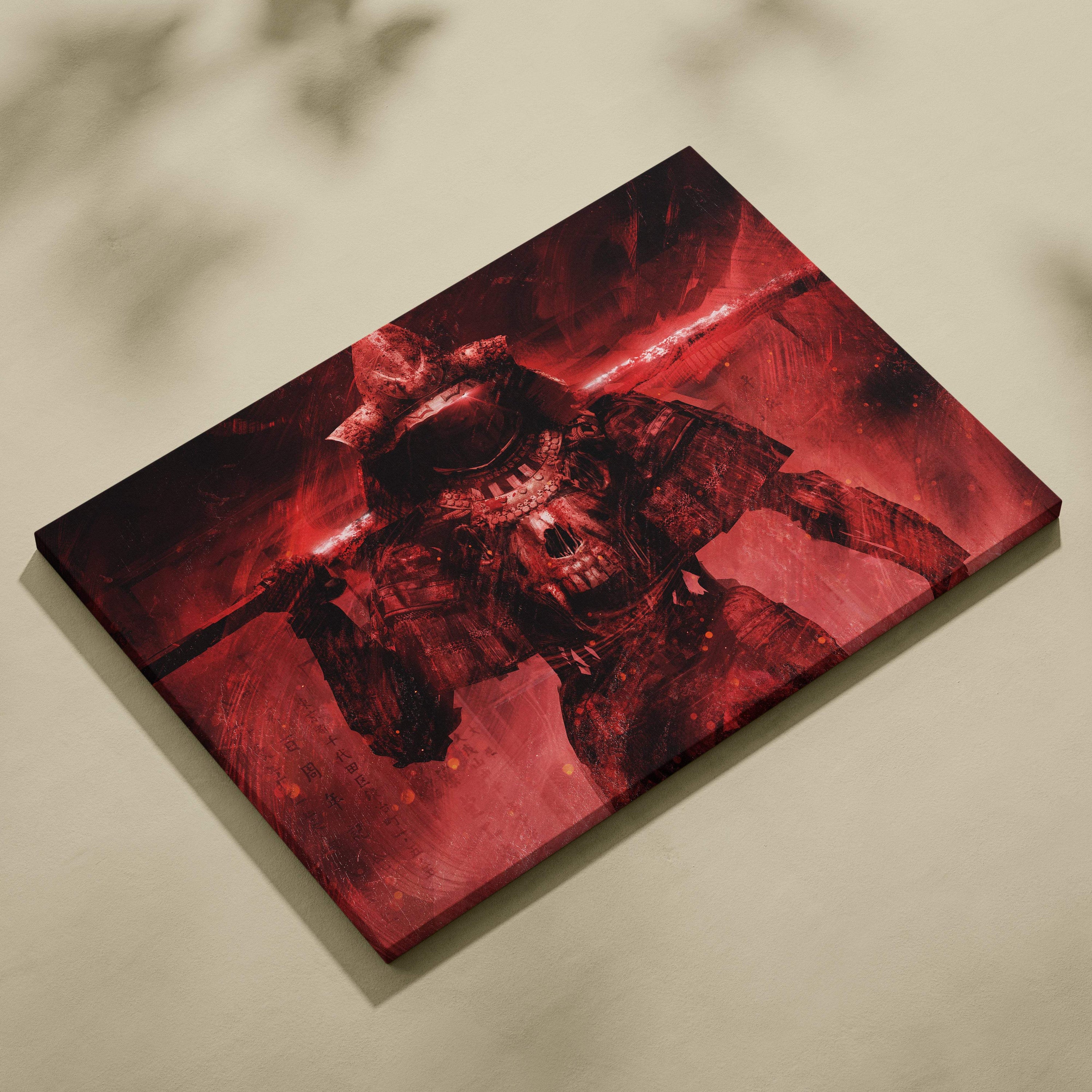 Rectangular canvas print of a dark armored red samurai skull warrior with katana and glowing red accents for wall art