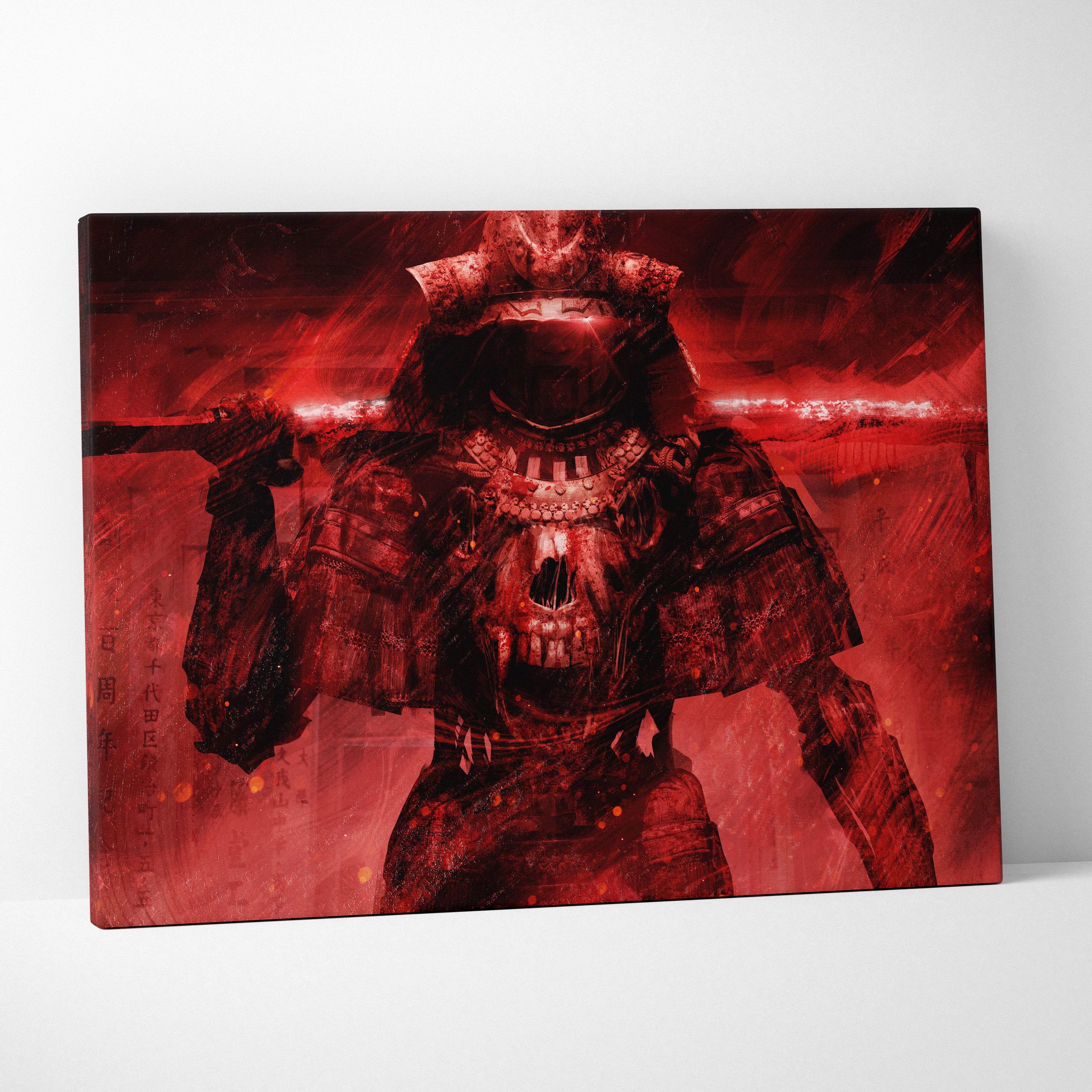 Red samurai skull warrior canvas wall art featuring dark gothic japanese armor with glowing red accents and katana