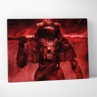Red samurai skull warrior canvas wall art featuring dark gothic japanese armor with glowing red accents and katana
