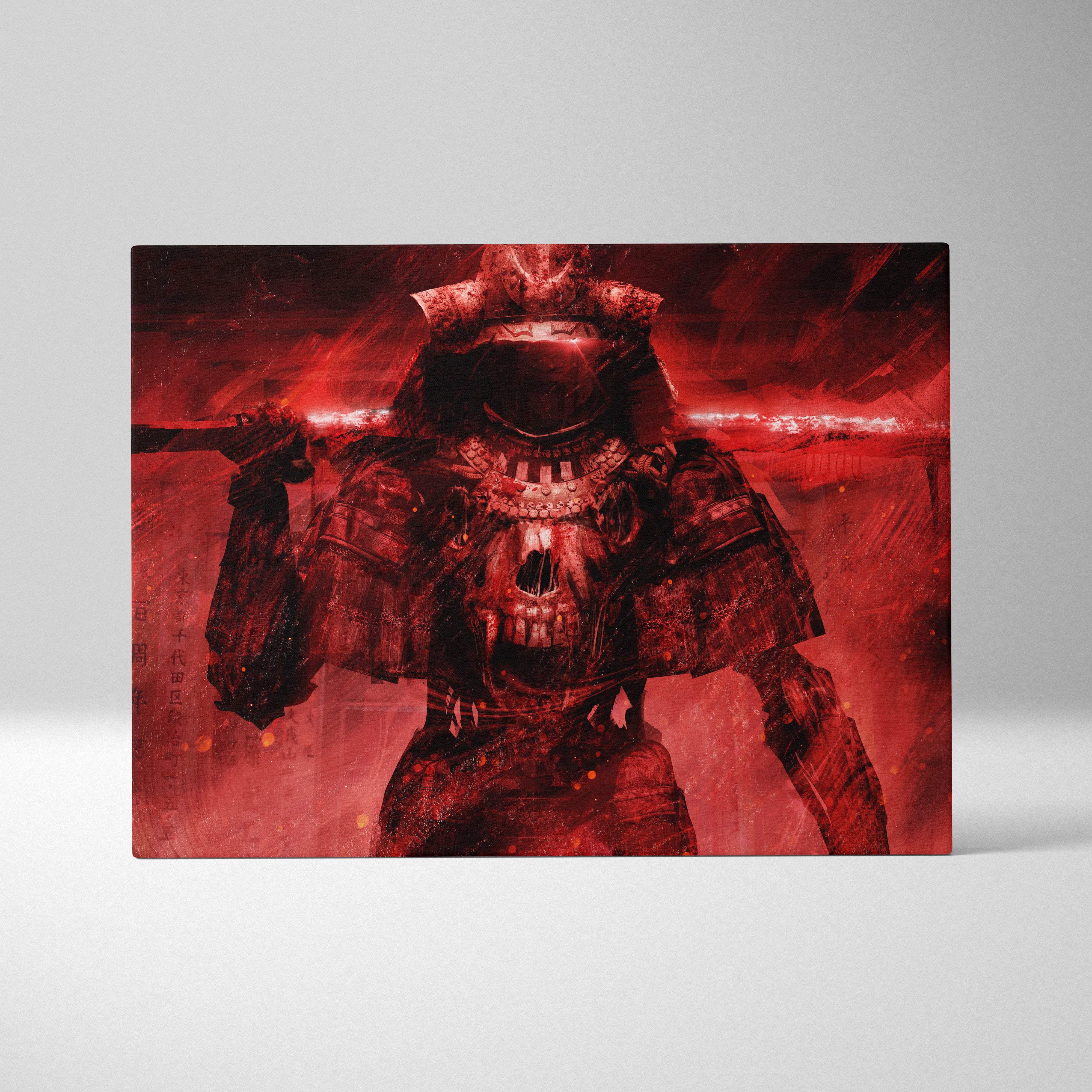 Red-toned canvas print featuring a skeletal samurai in ornate armor holding a glowing sword for dark gothic decor