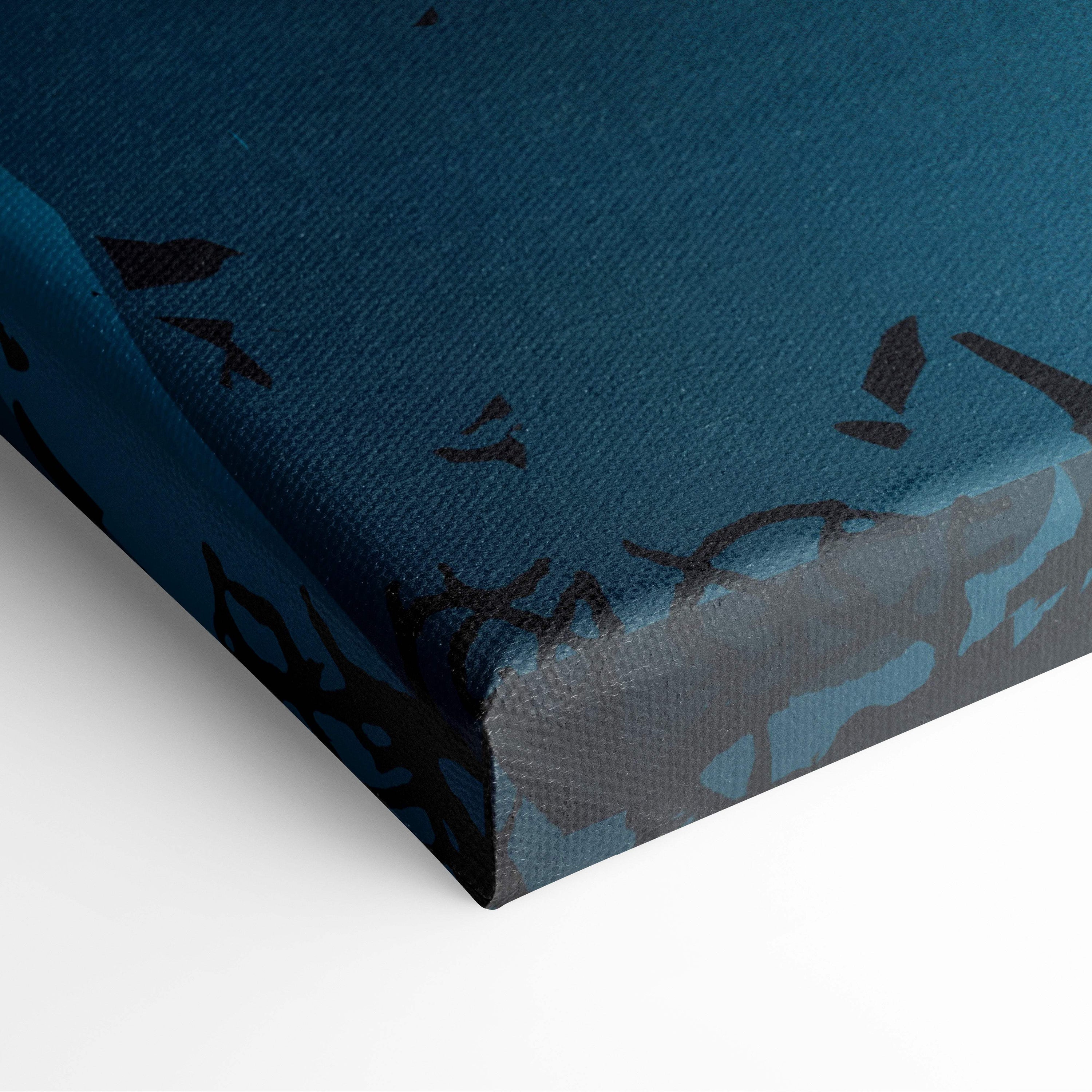 Dark teal canvas wall art featuring abstract black and blue splatter patterns for gothic horror decor