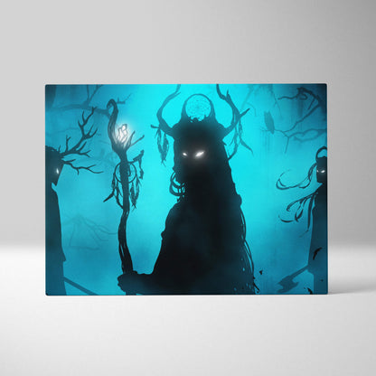 Dark teal witch coven canvas wall art featuring a blue-toned horned figure with glowing eyes in a misty forest background