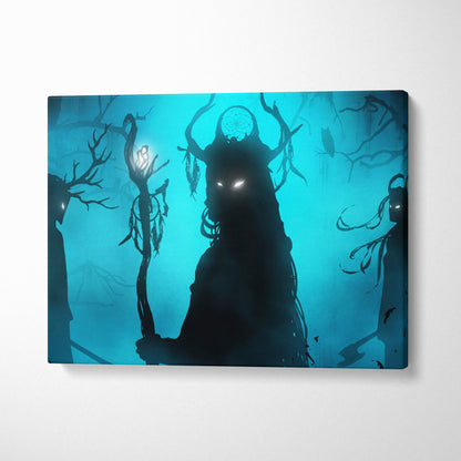 Dark teal witch coven canvas wall art featuring a silhouetted figure with glowing eyes in a misty forest scene