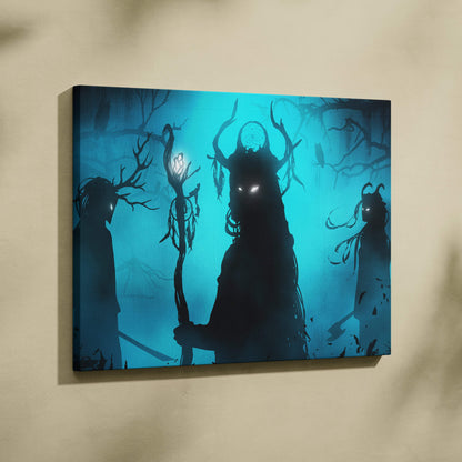 Blue-toned canvas print of dark silhouettes of mystical witches with glowing eyes in a teal forest background
